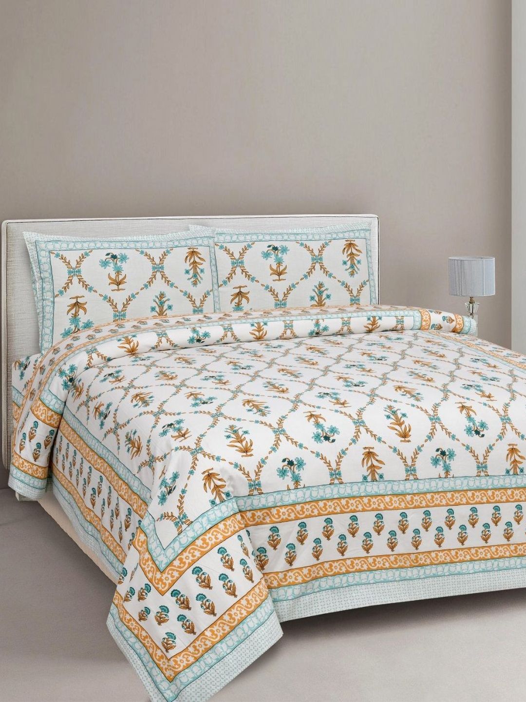 INDHOME LIFE White & Blue Ethnic Motifs 210 TC King Bedsheet with 2 Pillow Covers-picture-31