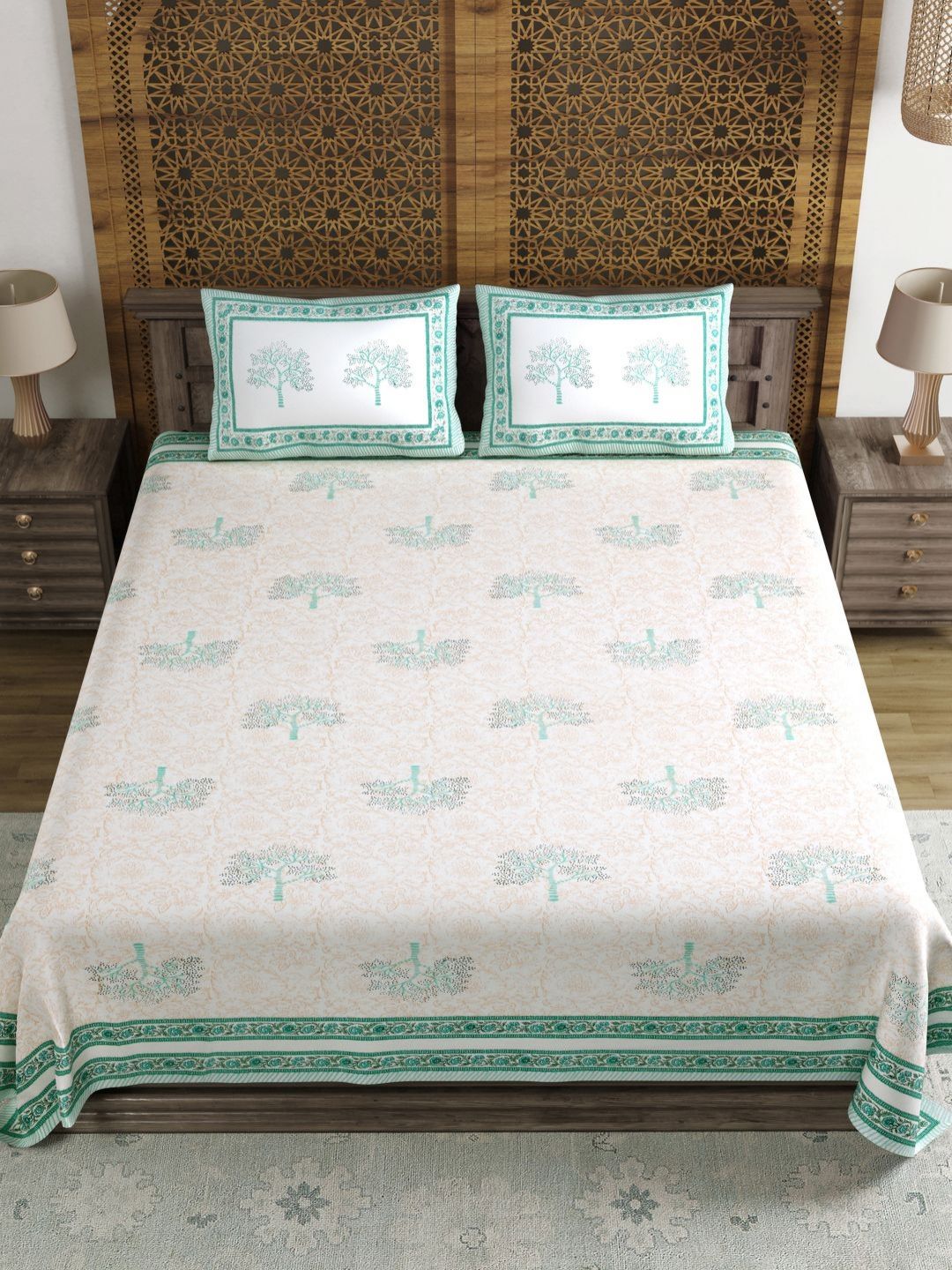 Myntra Elegant Homes White & Beige Floral 180 TC King Bedsheet with 2 Pillow Covers-image-12