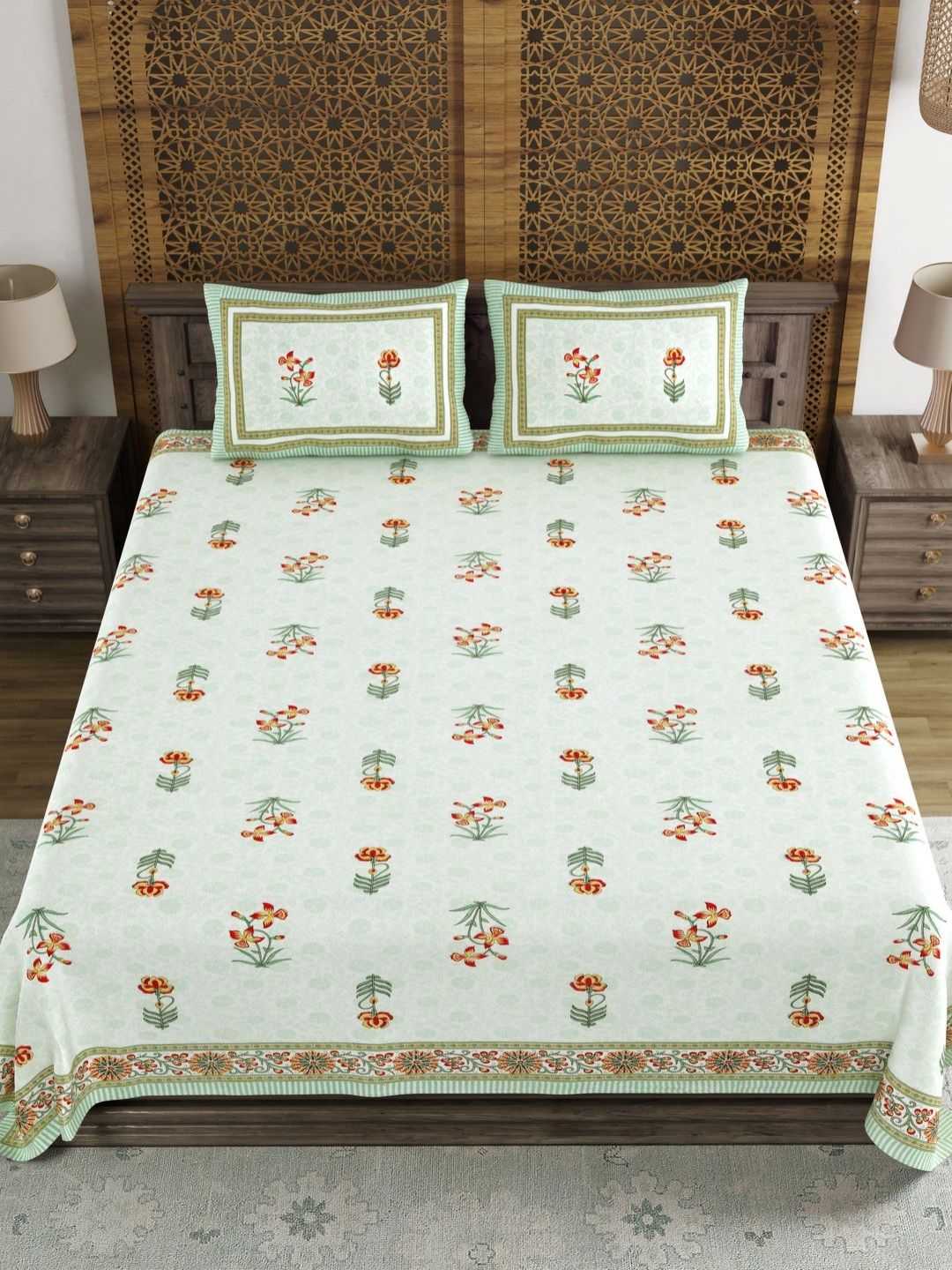 Myntra Elegant Homes Green Floral Printed 180 TC Cotton King Bedsheet Set 2.28 m x 2.74 m-picture-38