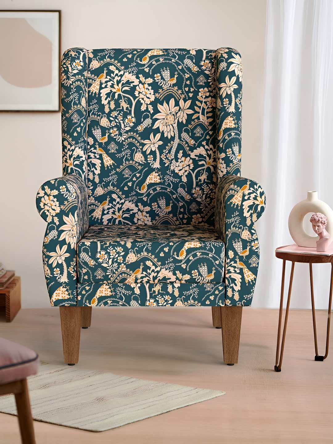 Chumbak Kasuthi Green Begum Floral Printed Wing Chair