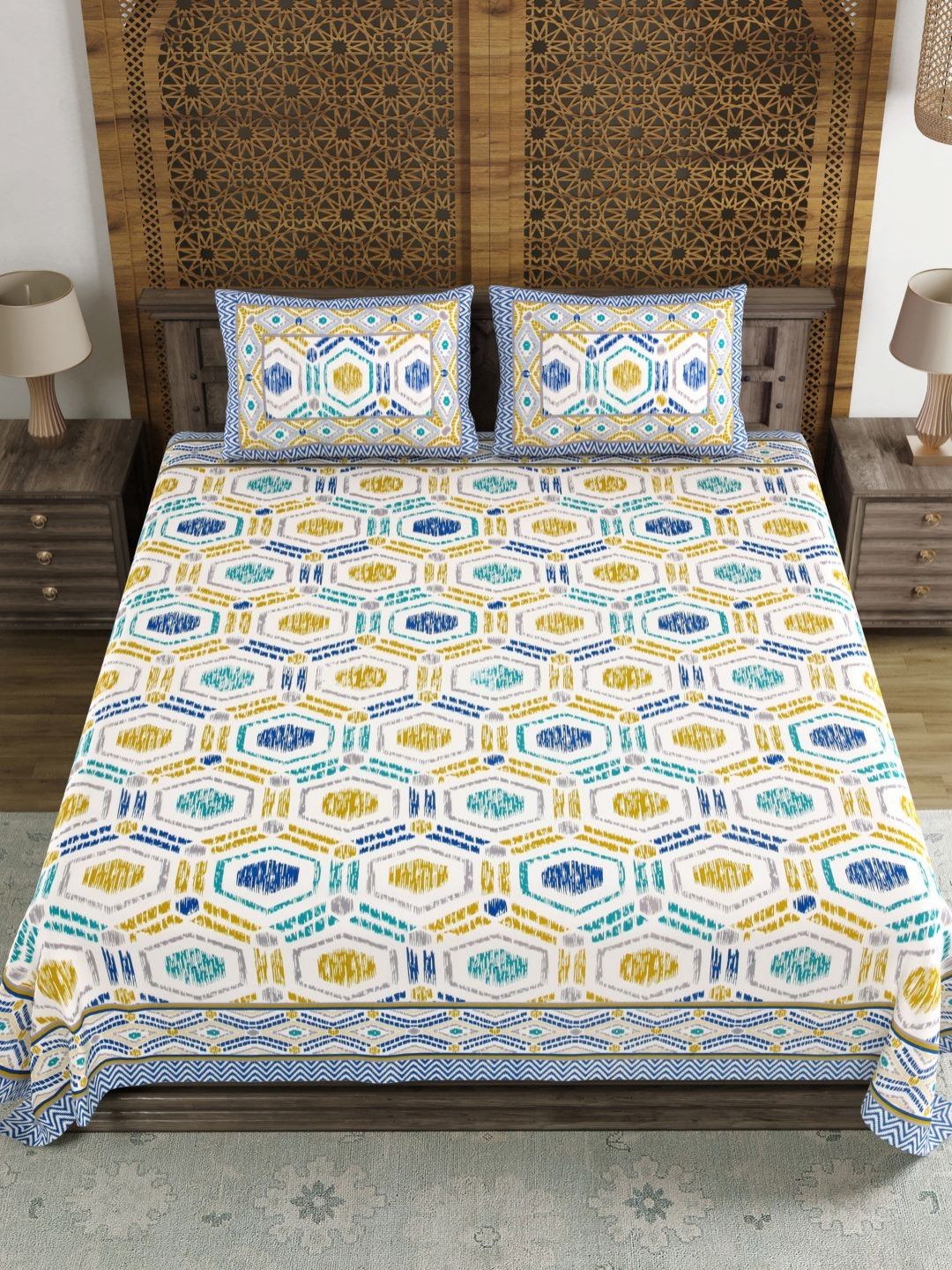 Myntra Elegant Homes White & Blue Floral 180 TC King Bedsheet with 2 Pillow Covers-image-17