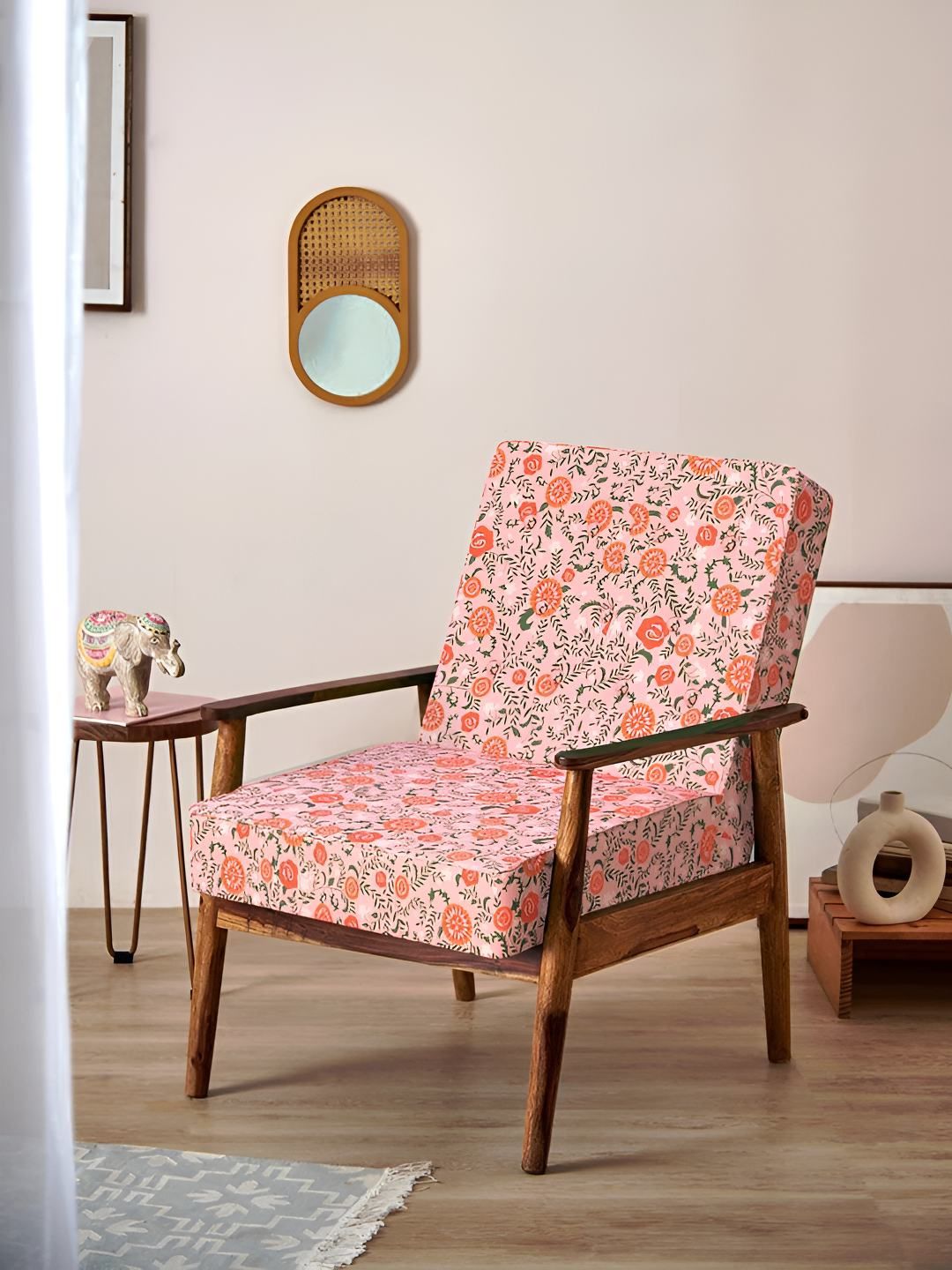 Chumbak Peach-Color Earthy Florals Printed Memsaab Arm Chair