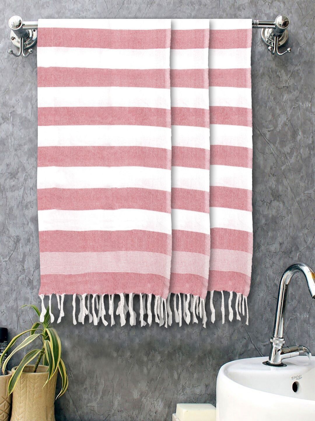 FABINALIV Red & White 3 Striped Cotton 225 GSM Bath Towel-image-15