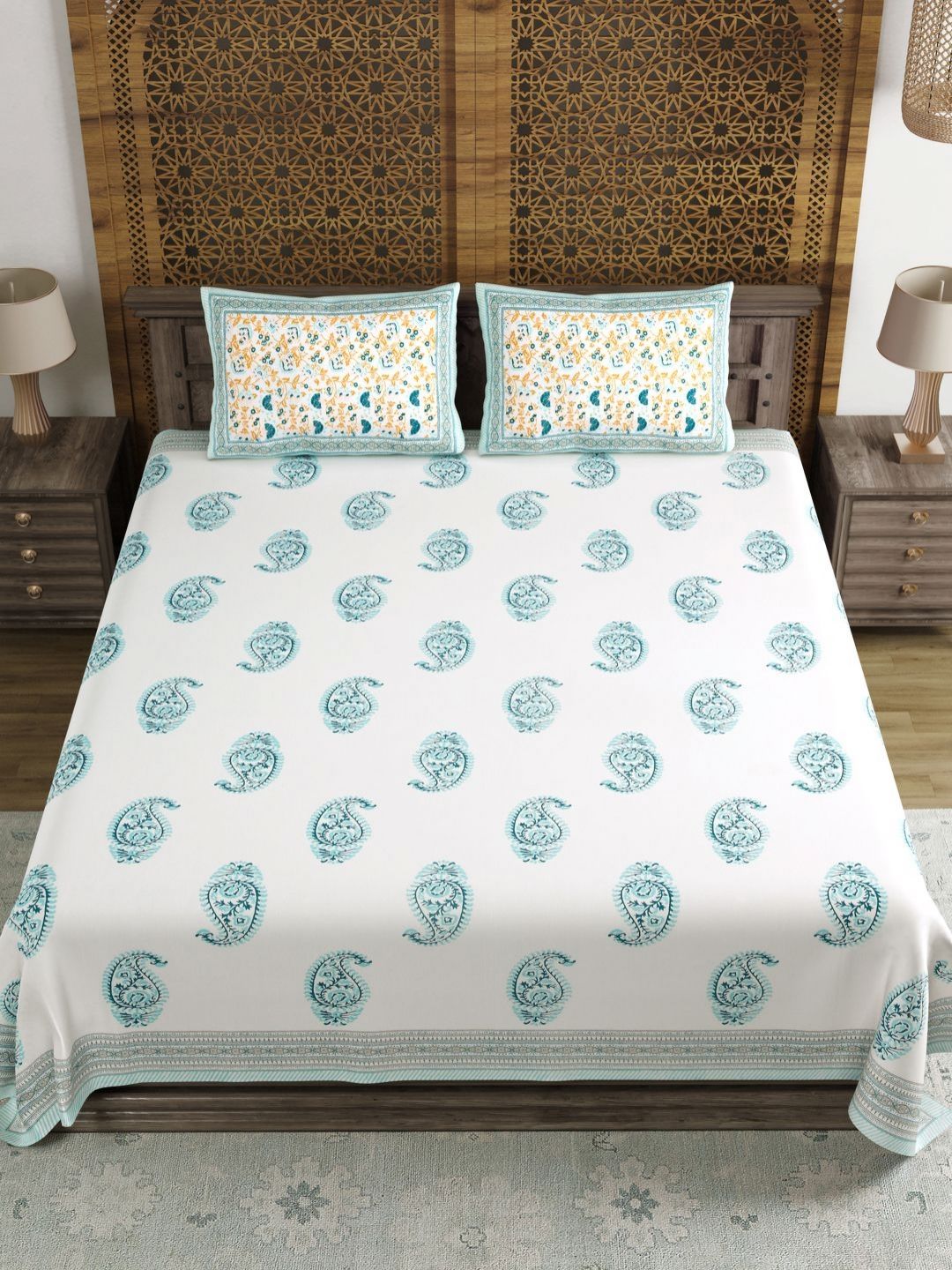 Myntra Elegant Homes Turquoise Blue & White Floral 180 TC King Bedsheet with 2 Pillow Covers-picture-13