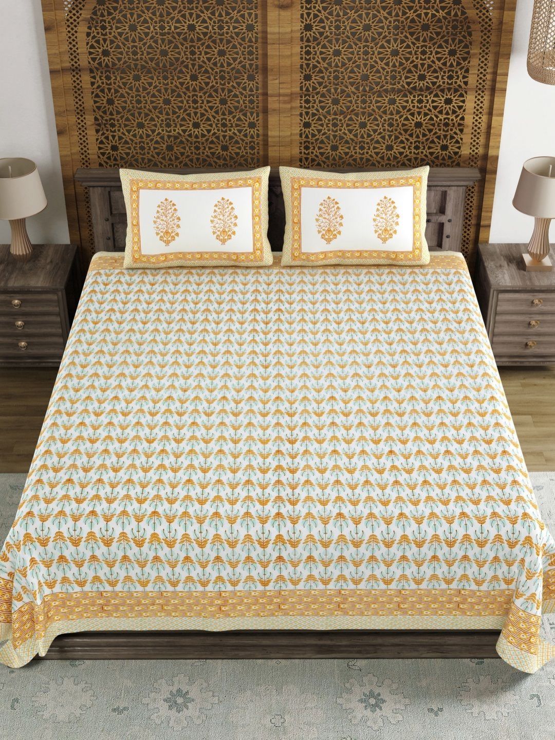 Myntra Elegant Homes White & Blue Floral 180 TC King Bedsheet with 2 Pillow Covers-picture-24