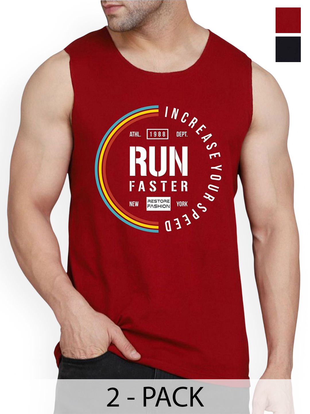 Woostro Pack Of 2 Printed Cotton Gym Vests RS26 CMB (MORE BLACK) (RUN MAROON)-picture-33