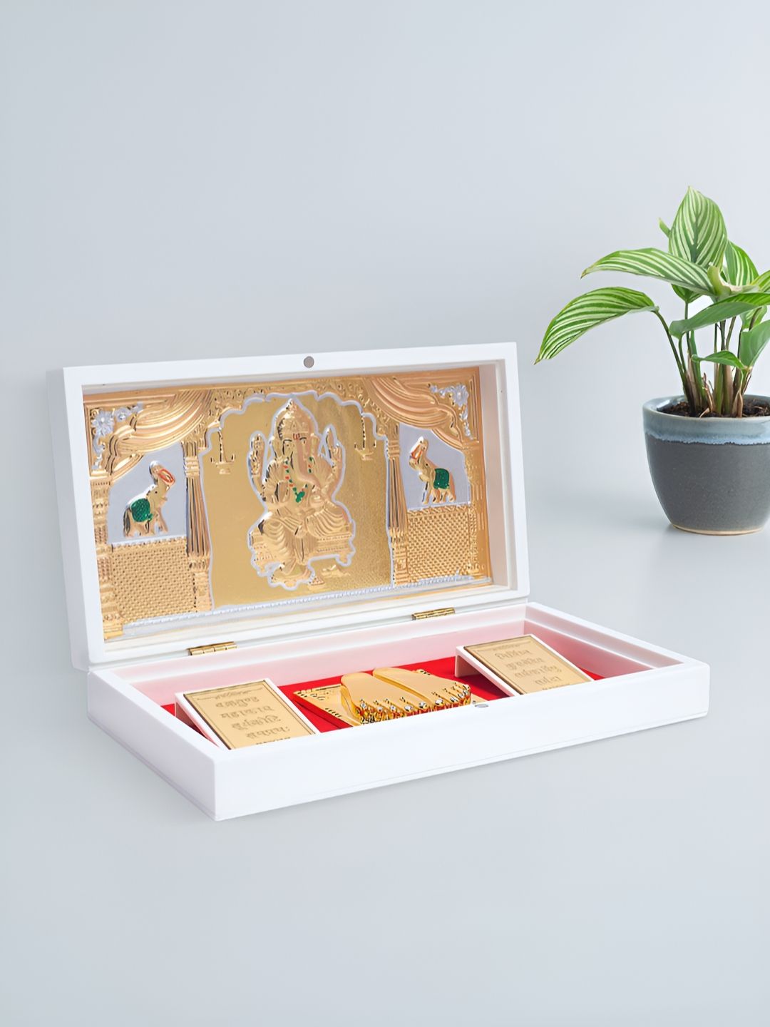 Golden Peacock White & Red 24KT Foil Shri Ganesha Pooja Box