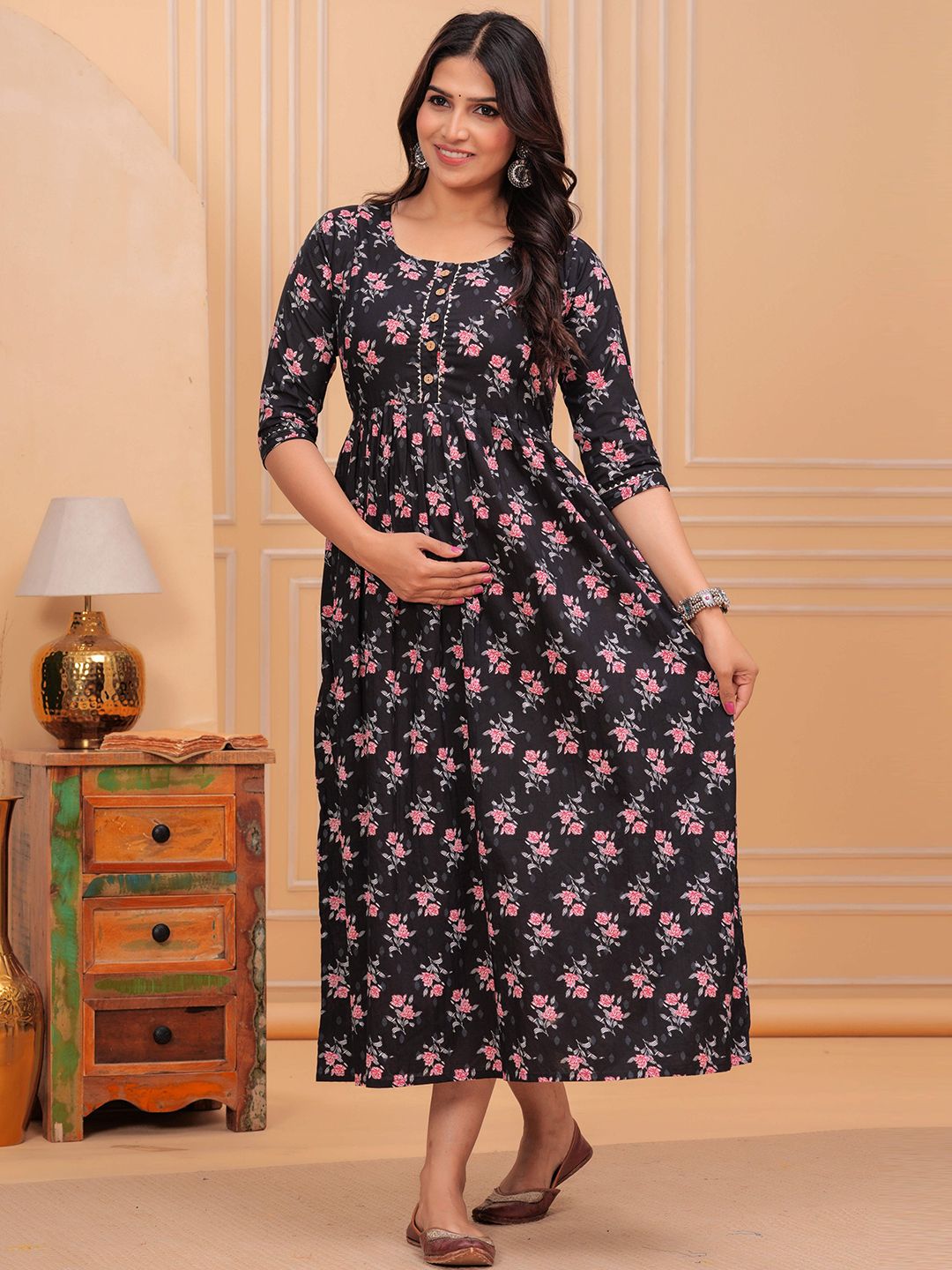 FEMARY Women Floral Printed Maternity Cotton Fit and Flare Midi Dress