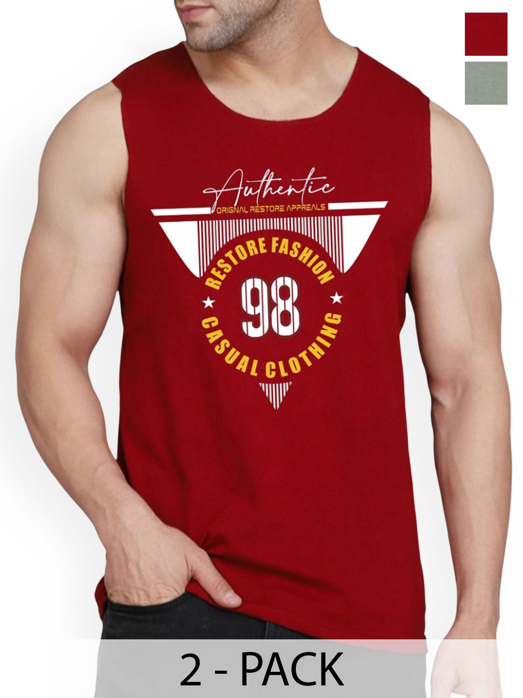 WOOSTRO Pack Of 2 Printed Combed Cotton Gym Vest RS26 CMB (MORE LGTGREEN) (98 MAROON)-picture-36