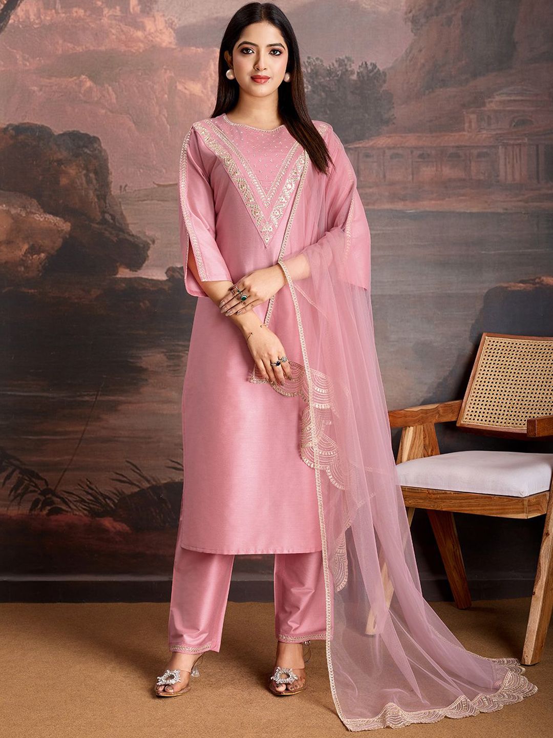 House of Pataudi Embroidered Yoke Kurta & Trousers with Net Dupatta-picture-10