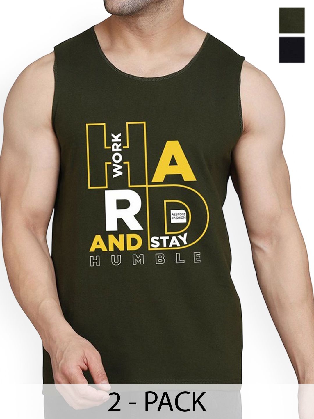 WOOSTRO Pack Of 2 Printed Combed Cotton Gym Vest RS26 CMB (MORE BLACK) (HARD OLIVE)-picture-16