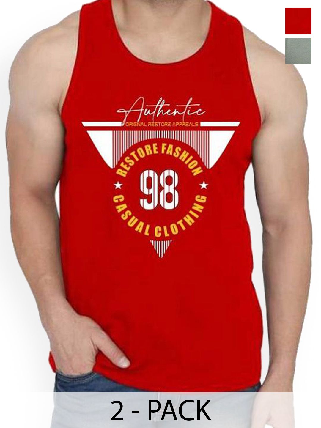 WOOSTRO Pack Of 2 Printed Cotton Gym Vests RS26 CMB (MORE LGTGREEN) (98 RED)-picture-20