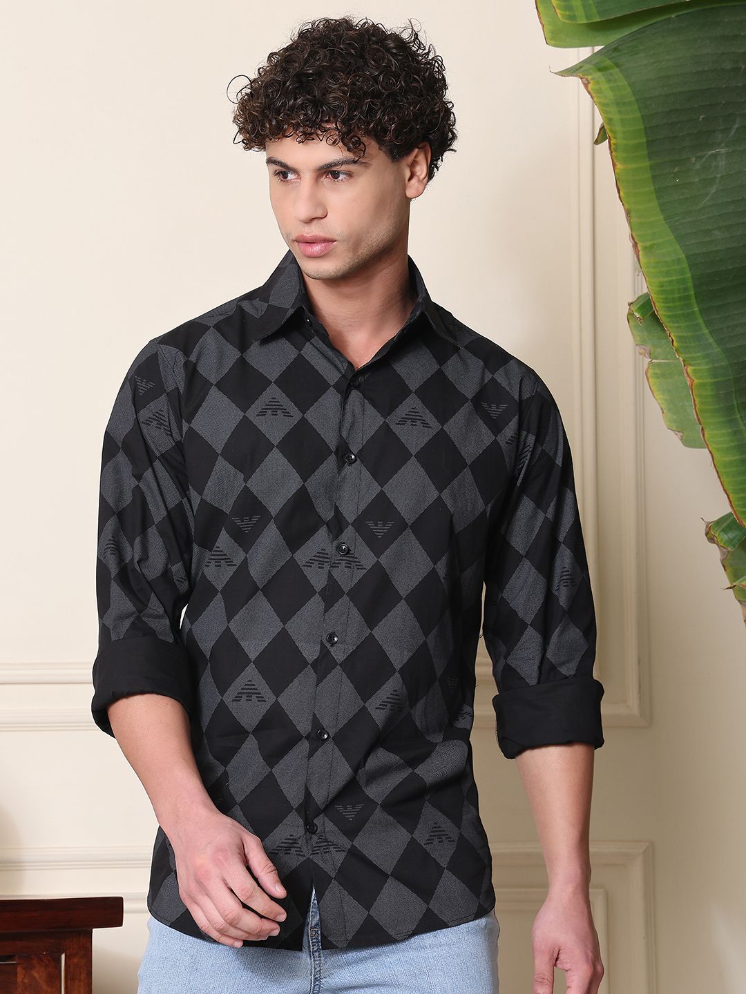 Tanip Men Spread Collar Geometric Printed Cotton Casual Shirt-picture-52