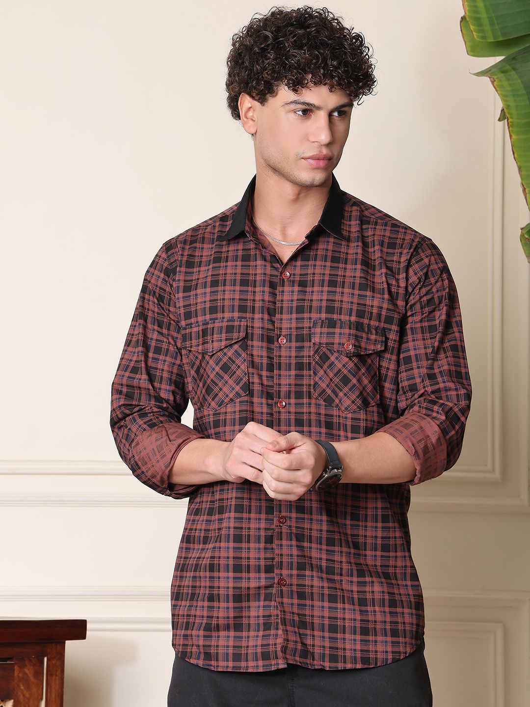 Tanip Men Spread Collar Tartan Checked Cotton Casual Shirt-picture-38