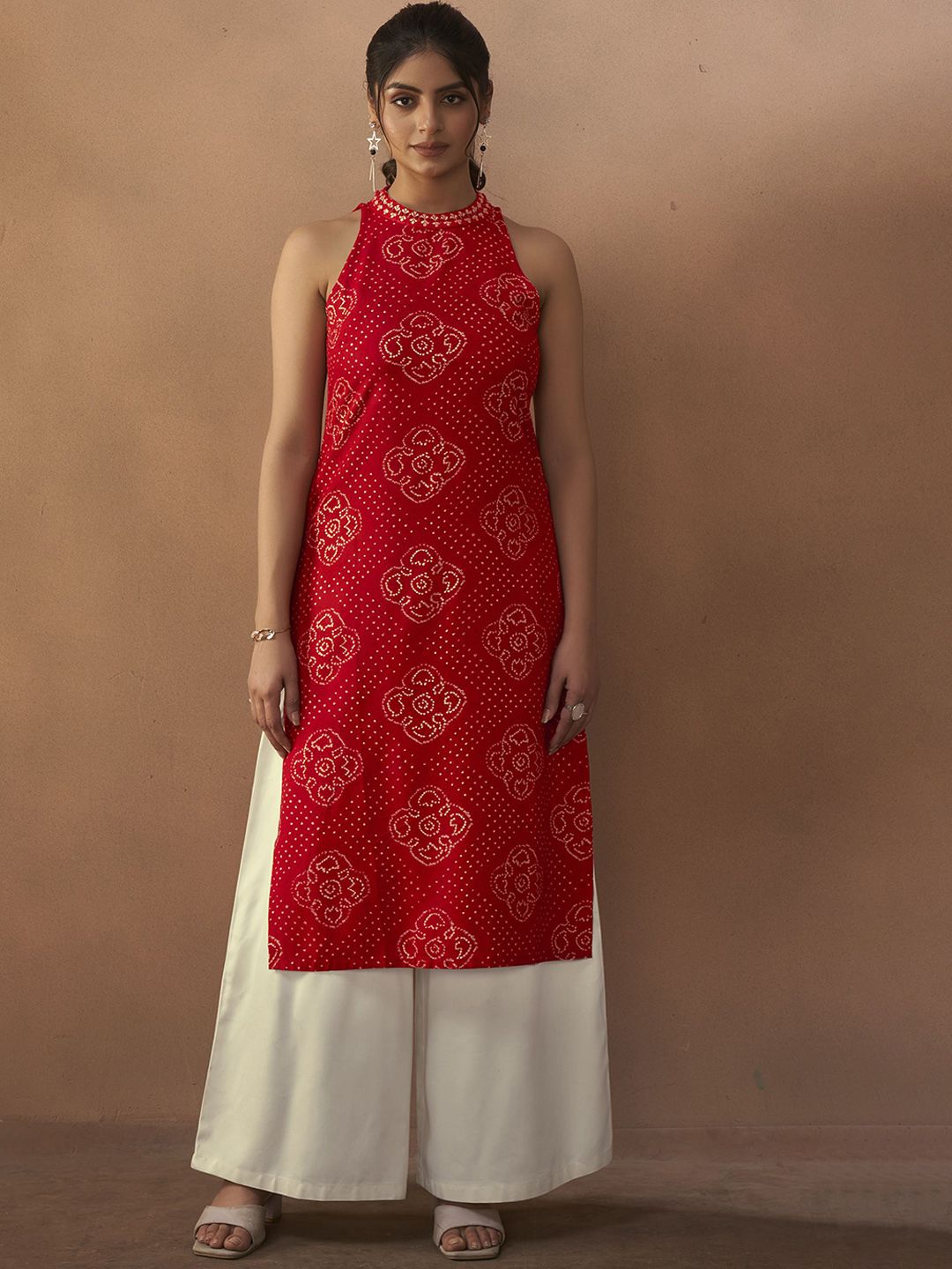 Anouk Women Bandhani Printed Halter Neck Mirror Work Kurta-picture-18