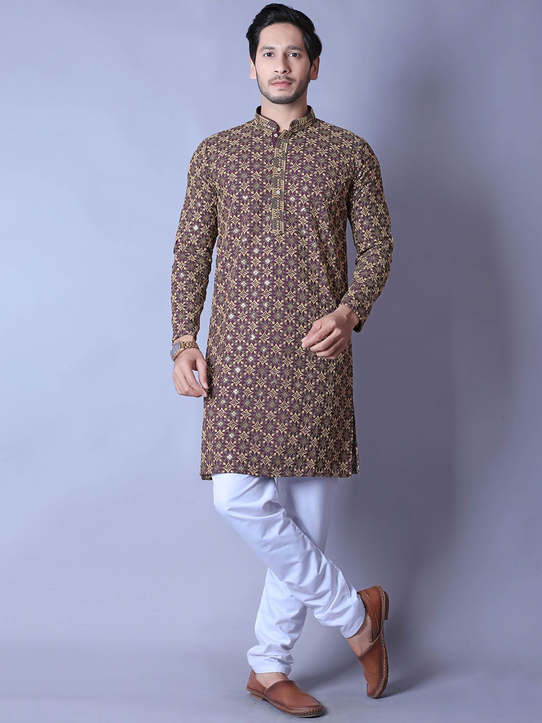 ALMORA Ethnic Motifs Embroidered Mandarin Collar Sequinned Pure Cotton Straight Kurta-picture-46