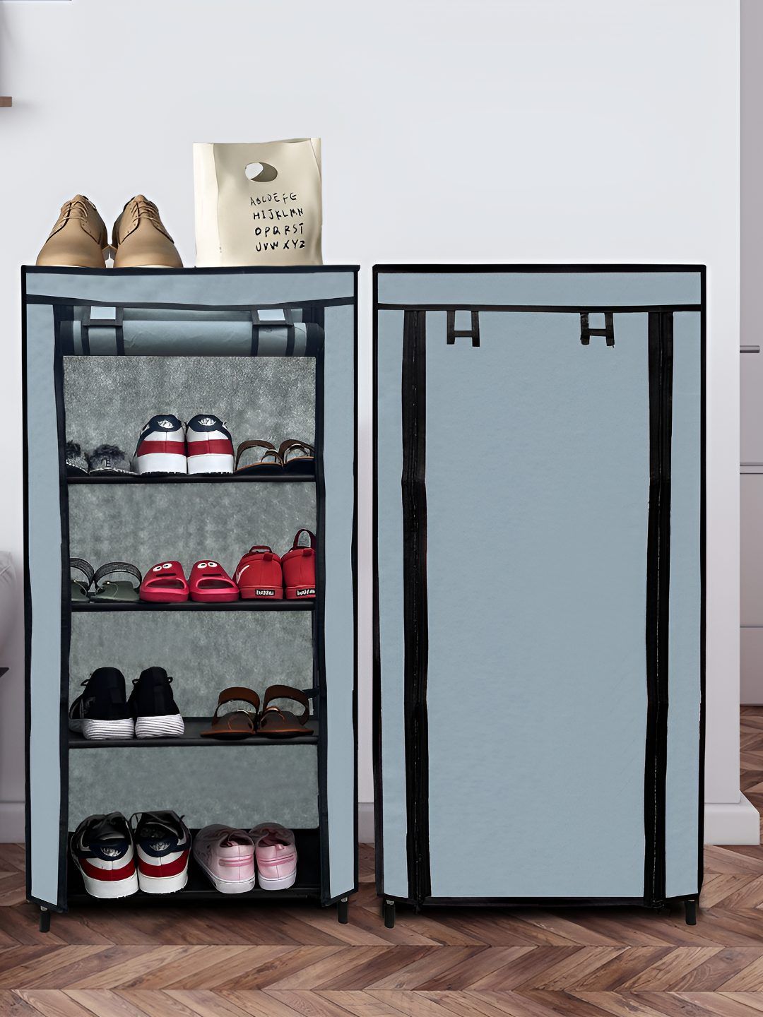 Urban Choice Grey Metal 4-Layer Shoe Rack With Cover-image-0