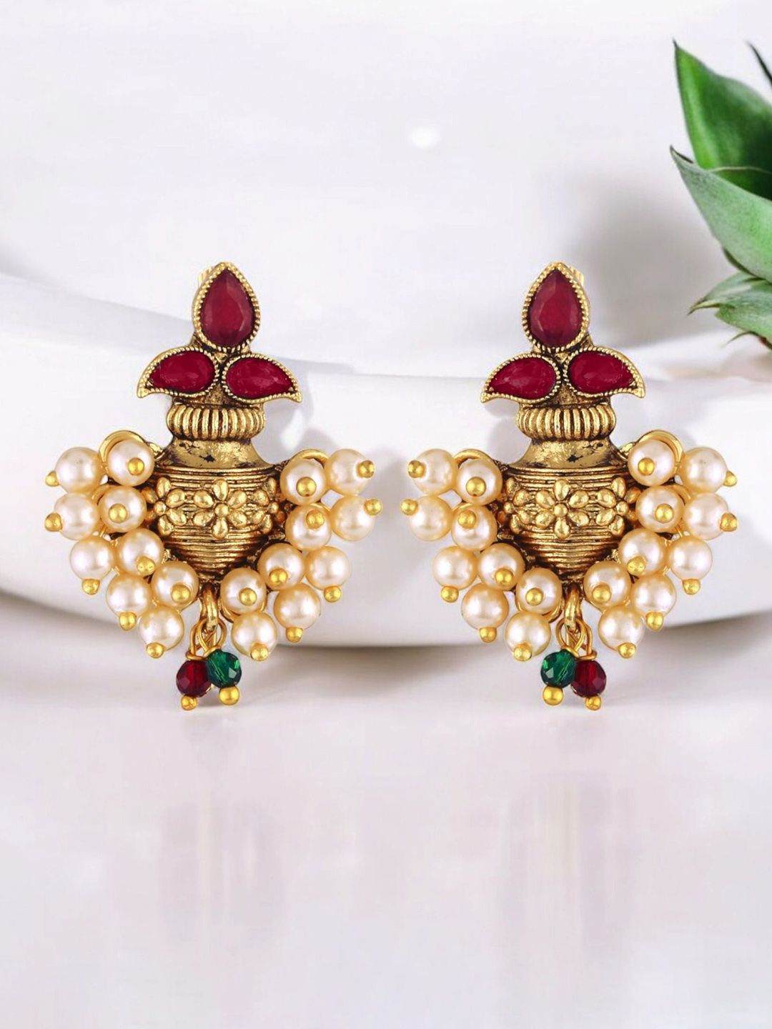 Vighnaharta Gold-Plated Pearls Beaded Contemporary Shaped Drop Earrings-picture-52