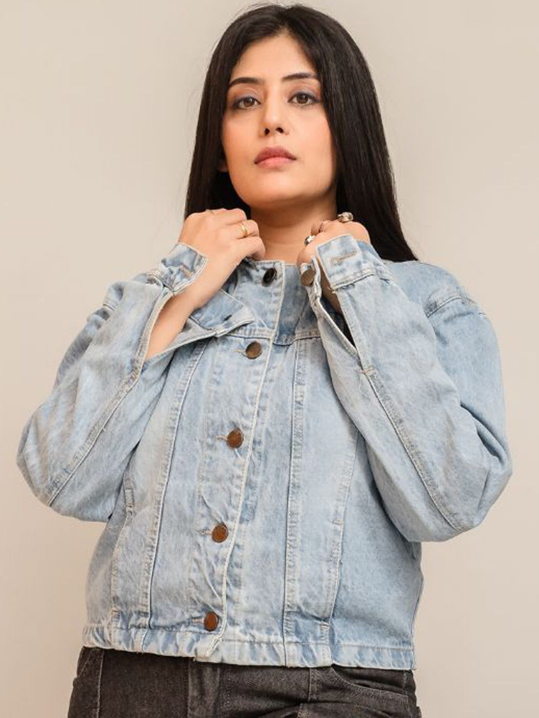 Wasomii Women Spread Collar Washed Solid Casual Denim Jacket