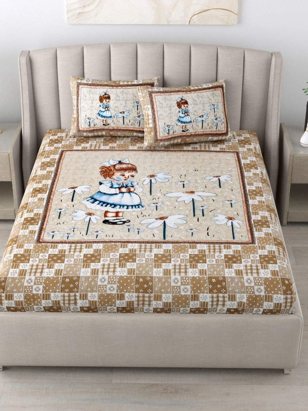 JAIPUR FABRIC Brown & Blue Floral 180 TC King Bedsheet with 2 Pillow Covers-picture-39