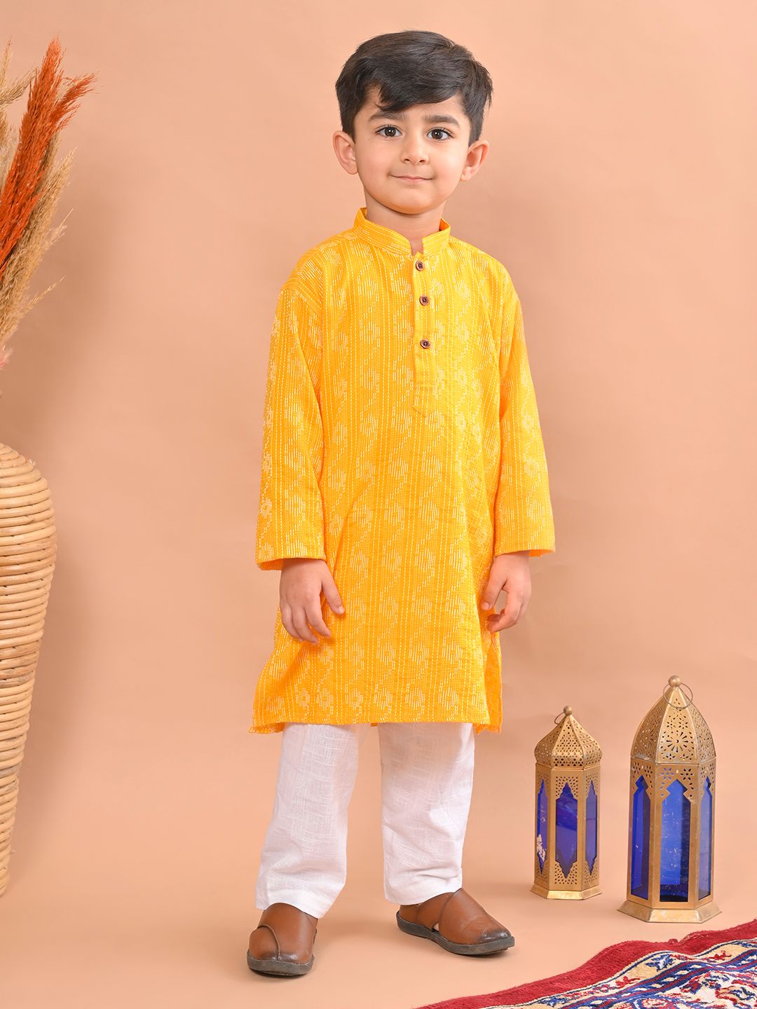 Sangria Yellow Boys Geometric Woven Design Pure Cotton Straight Kurta With Pyjama-image-40