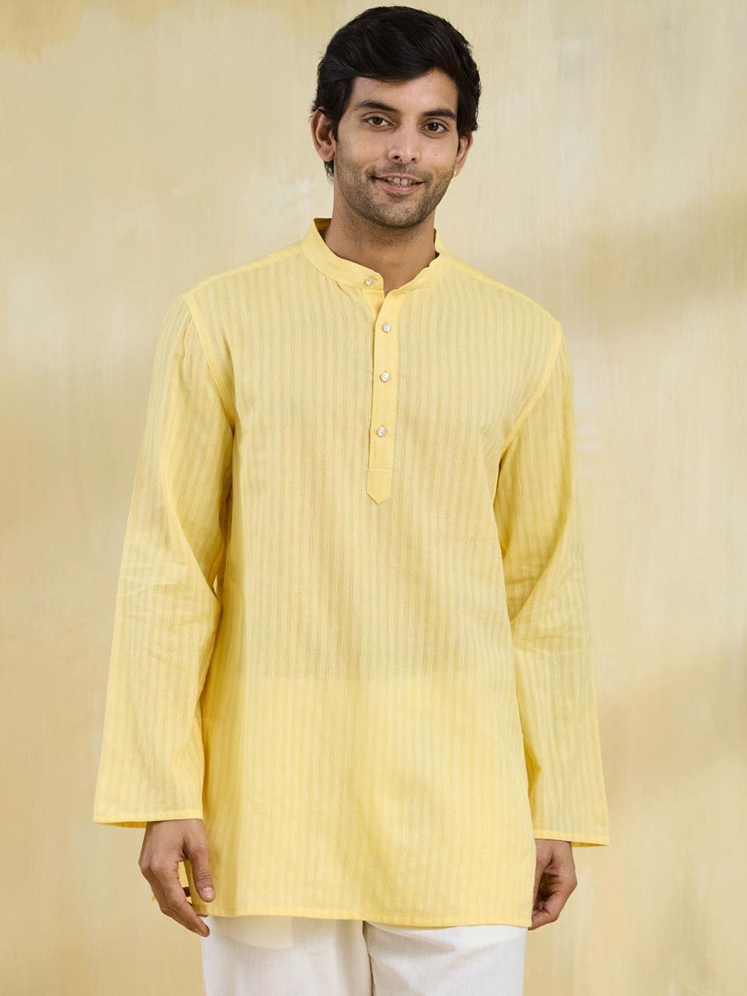 Fabindia Men Striped Band Collar Cotton Straight Kurta-picture-18