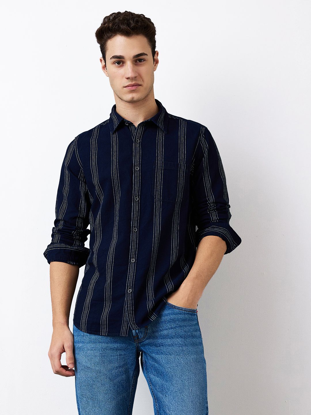 SPYKAR Men Spread Collar Vertical Striped Cotton Casual Shirt-image-14