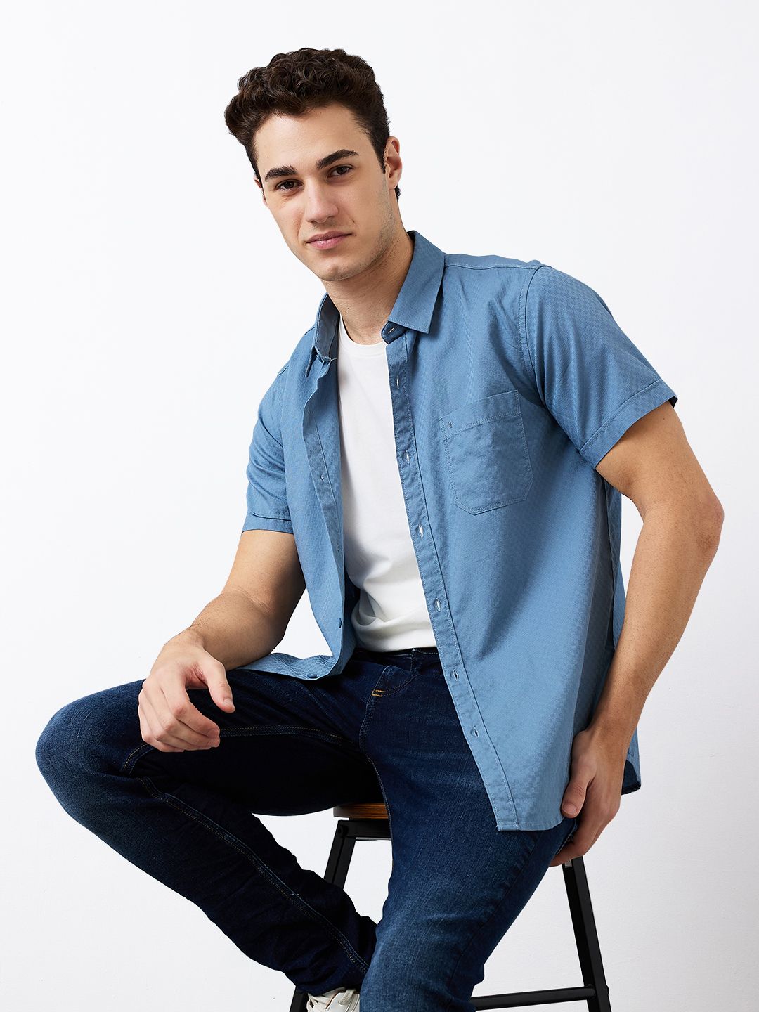 SPYKAR Men Spread Collar Textured Cotton Casual Shirt-image-9