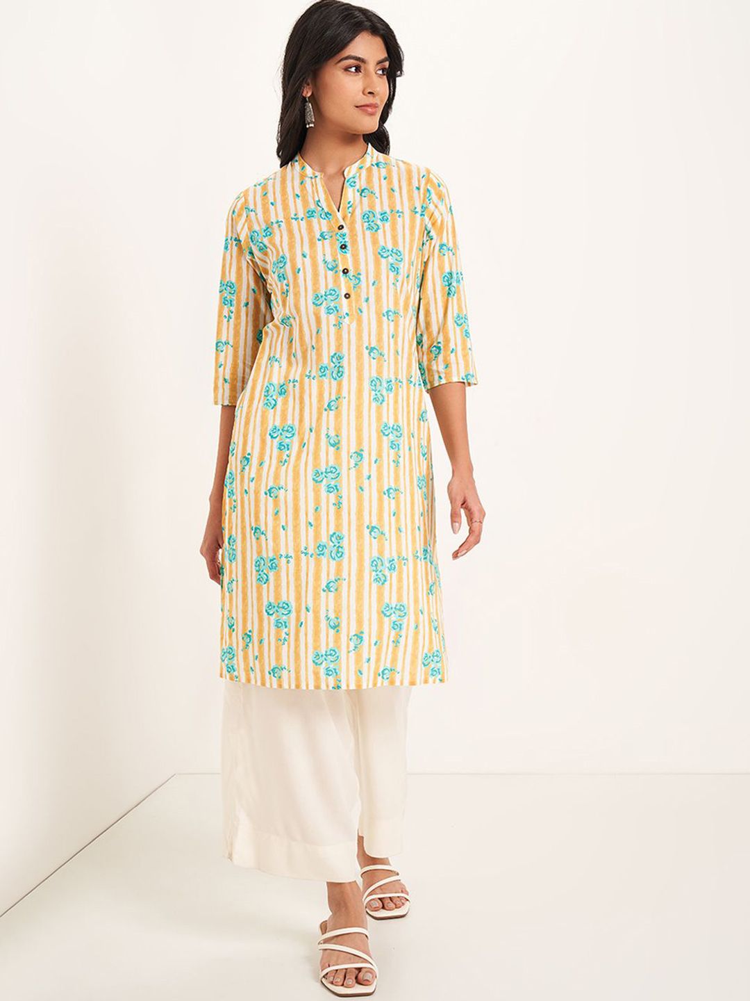 RANGMANCH BY PANTALOONS Floral Printed Mandarin Collar Pure Cotton Straight Kurtas-picture-34
