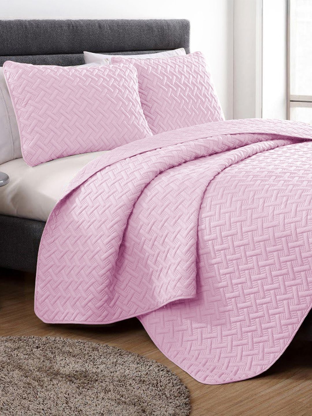 Story@home 3Pcs Pink Textured Quilted Microfibre Bed Covers-image-5