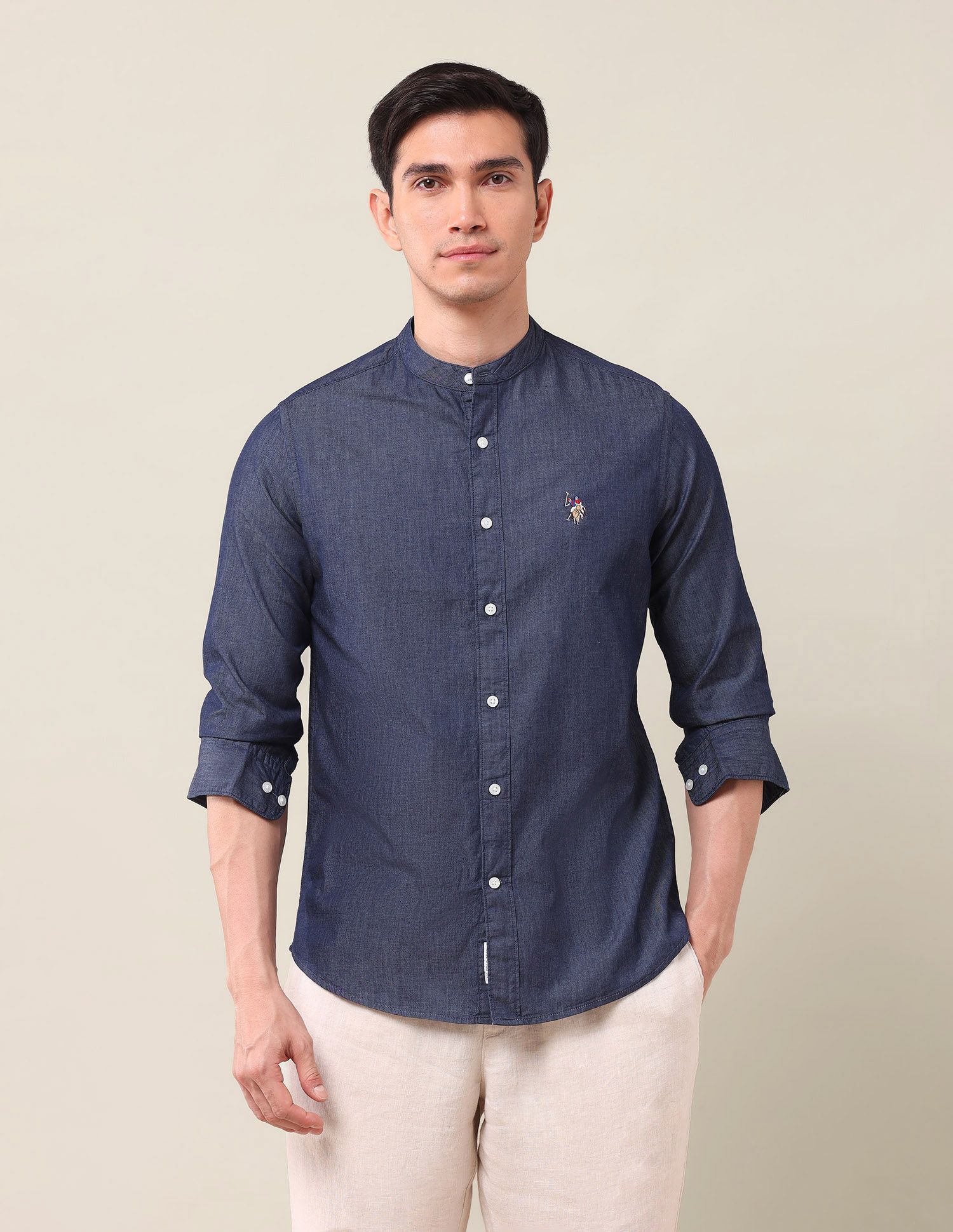 U.S. Polo Assn. Men Classic Fit Band Collar Solid Cotton Casual Shirt-picture-38