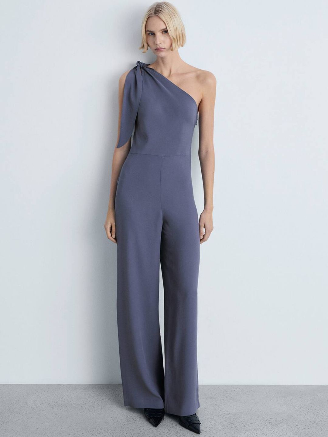 MANGO One Shoulder Flared Fit Jumpsuit with Knot Detail-picture-35