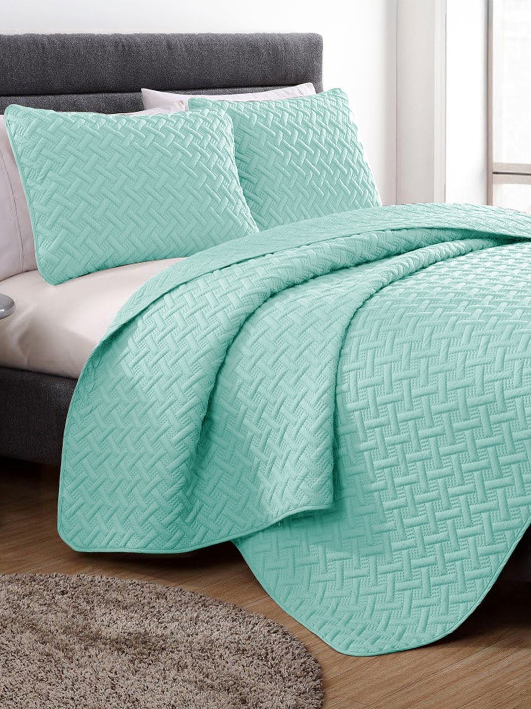 Story@home 3Pcs Green Textured Quilted Microfibre Bed Covers-image-15