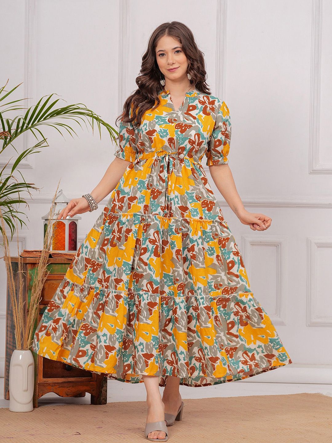 SHOPAXIS Women Floral Printed Cotton Fit & Flare Maxi Dress