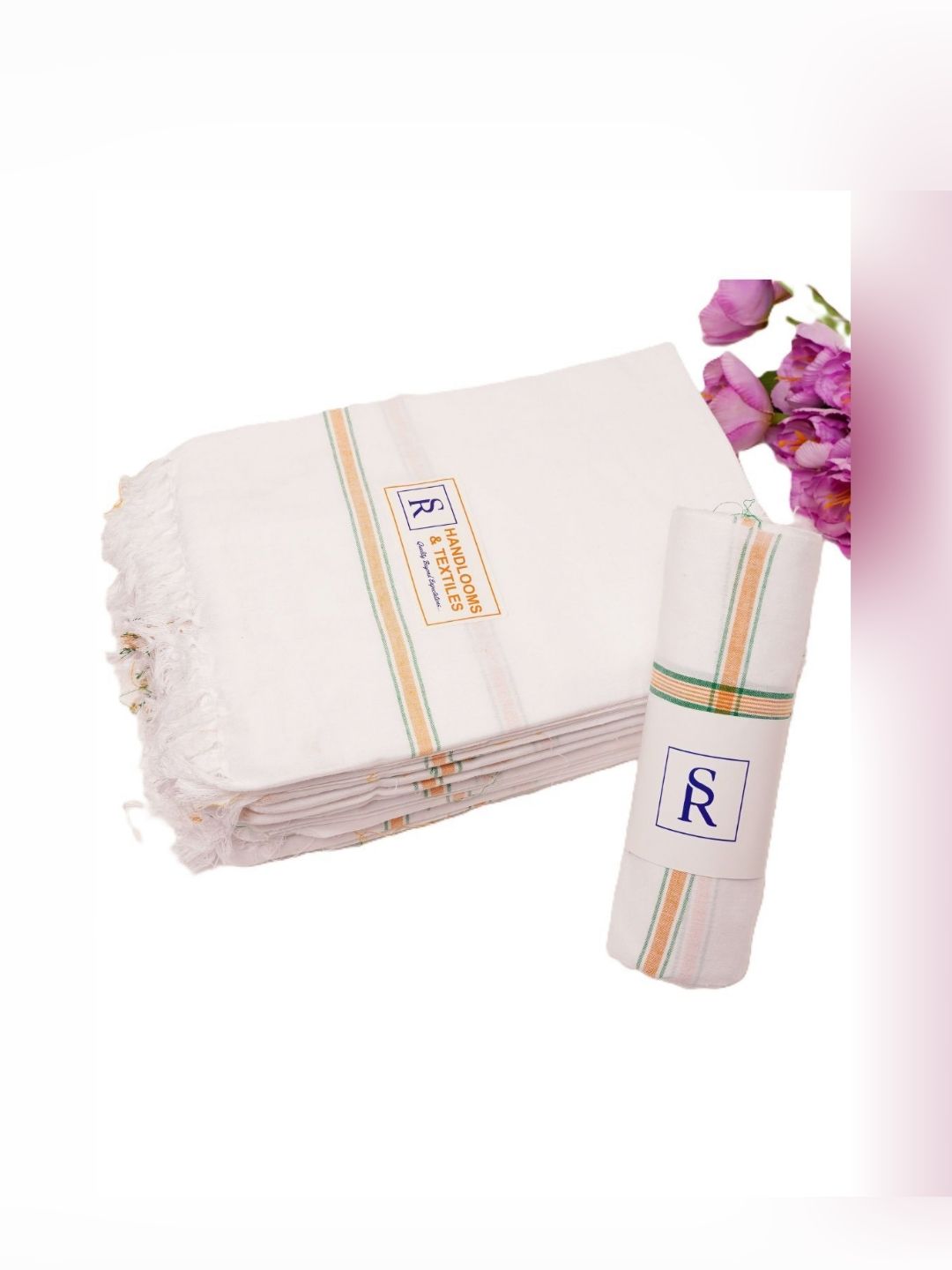 SR HANDLOOMS AND TEXTILES White & Green 2 Piece Striped Cotton 250 GSM Towel Set-picture-18