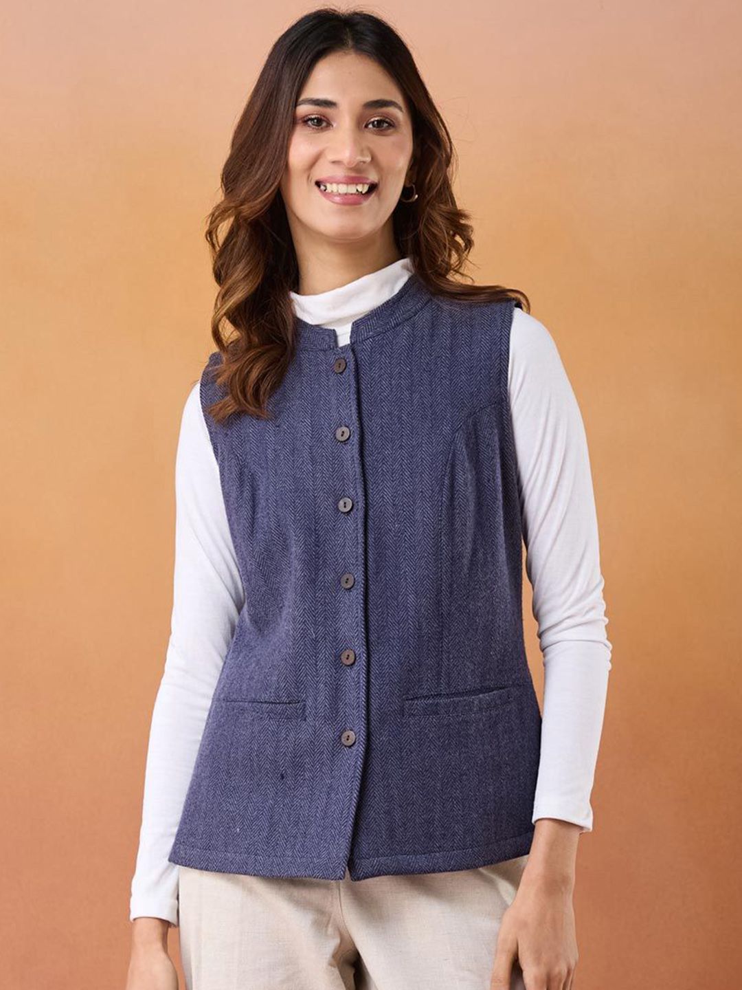 Fabindia Women Mandarin Collar Solid Woollen Casual Tailored Jacket-image-13