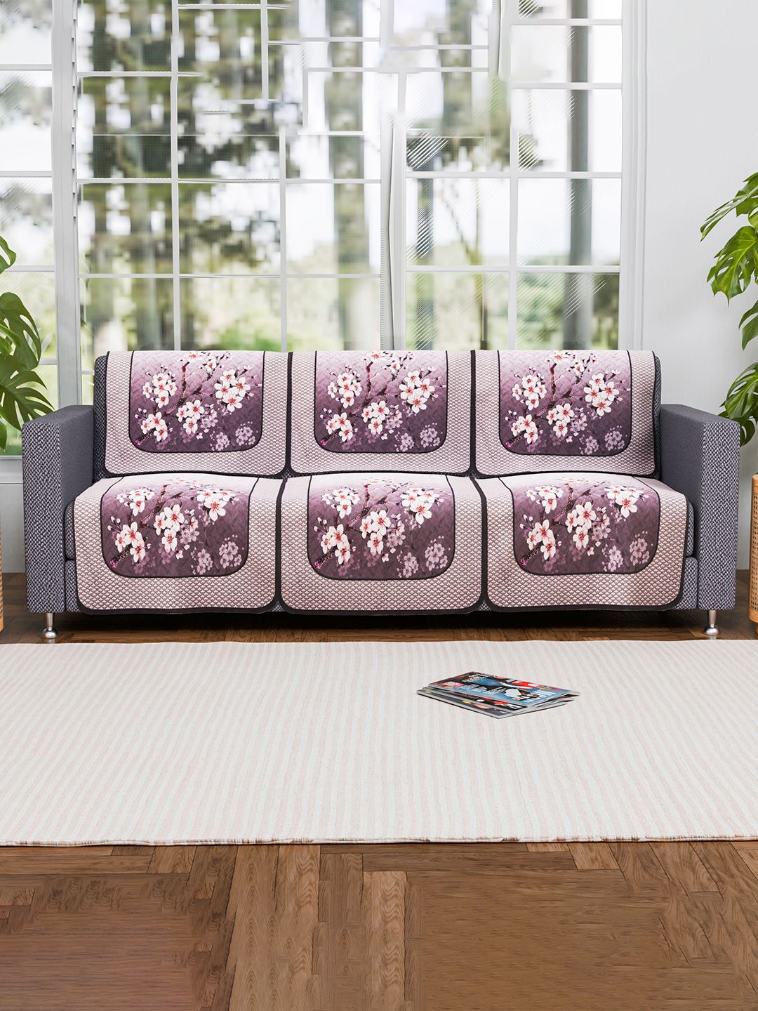 Kuber Industries Purple & White 6 Pieces Self Design Cotton 3 Seater Sofa Covers-picture-28