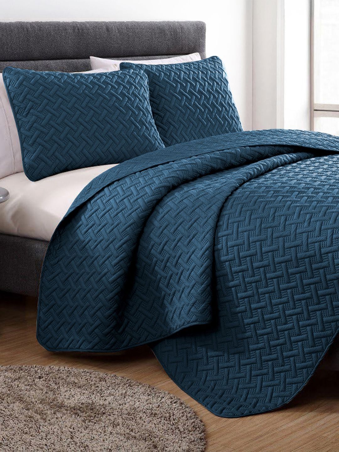 Story@home 3Pcs Navy Blue Textured Quilted Microfibre Bed Covers-image-11