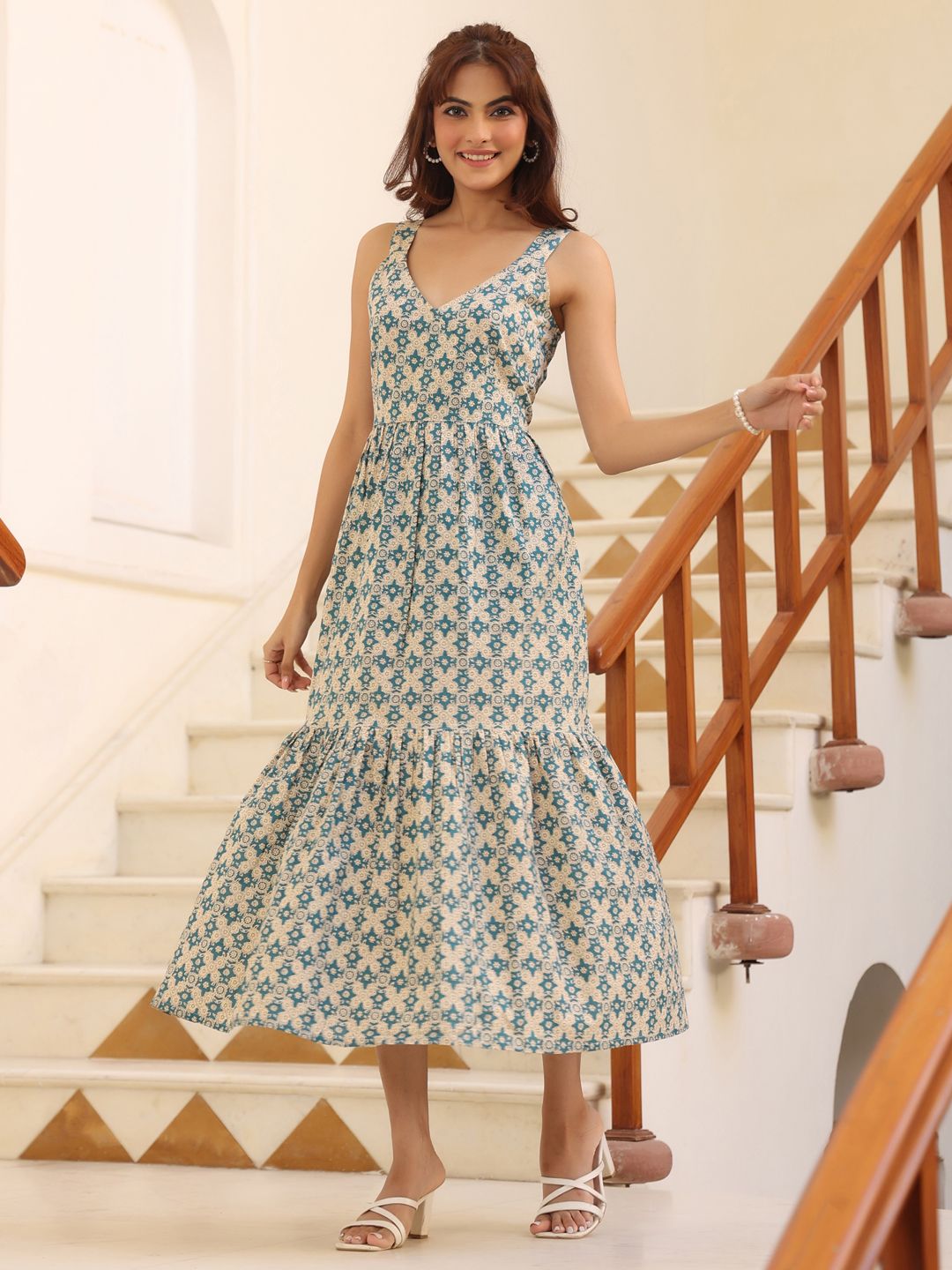 Janasya Women's Beige Pure Cotton Ethnic Motifs Printed Tiered Dress-picture-26