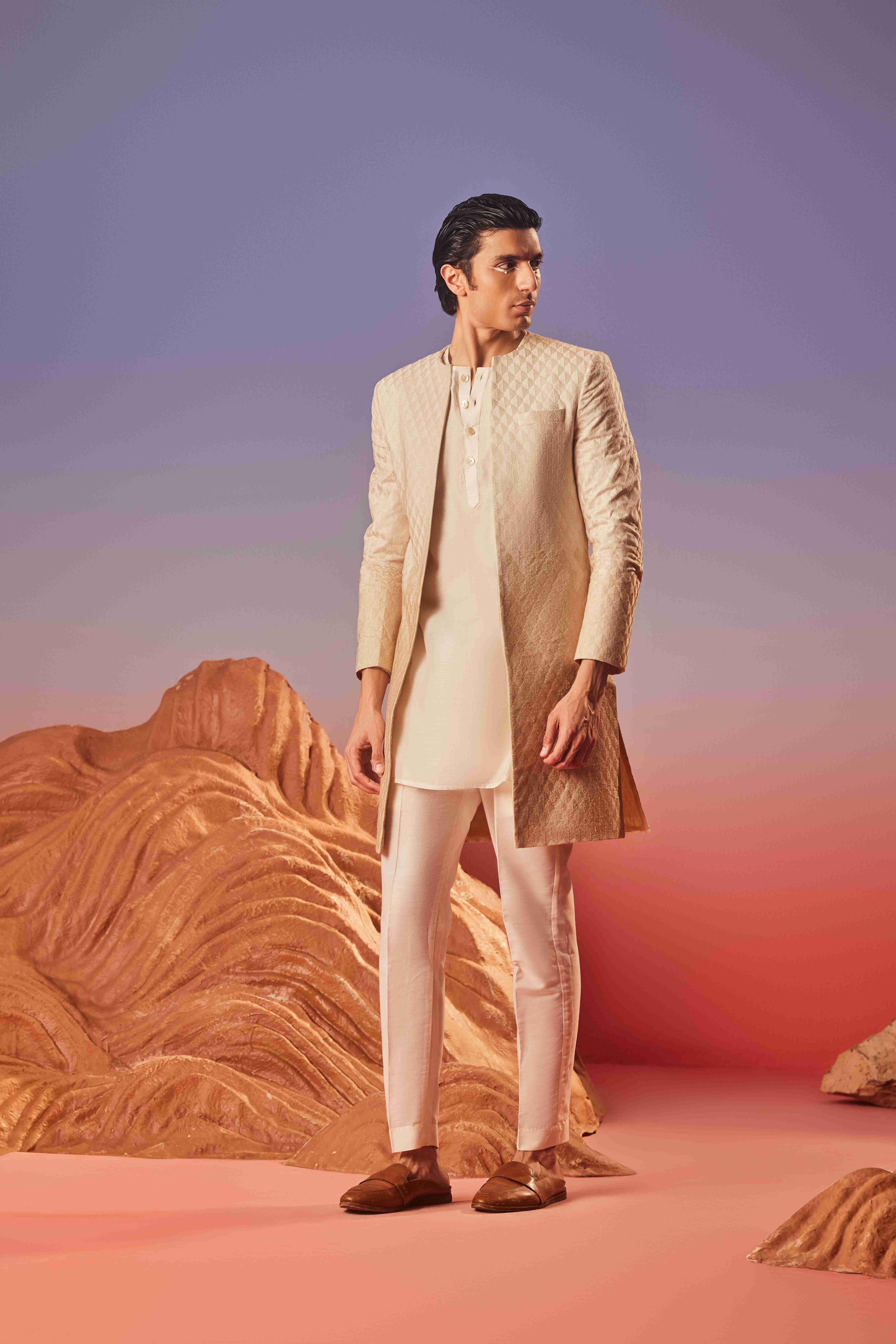 Eleven Brothers Men Yoke Design Keyhole Neck Flared Sleeves Chanderi Silk Kurta-picture-21