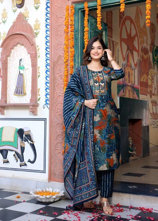 Parth Fab Floral Printed Mirror Work Straight Kurta With Trousers And Dupatta