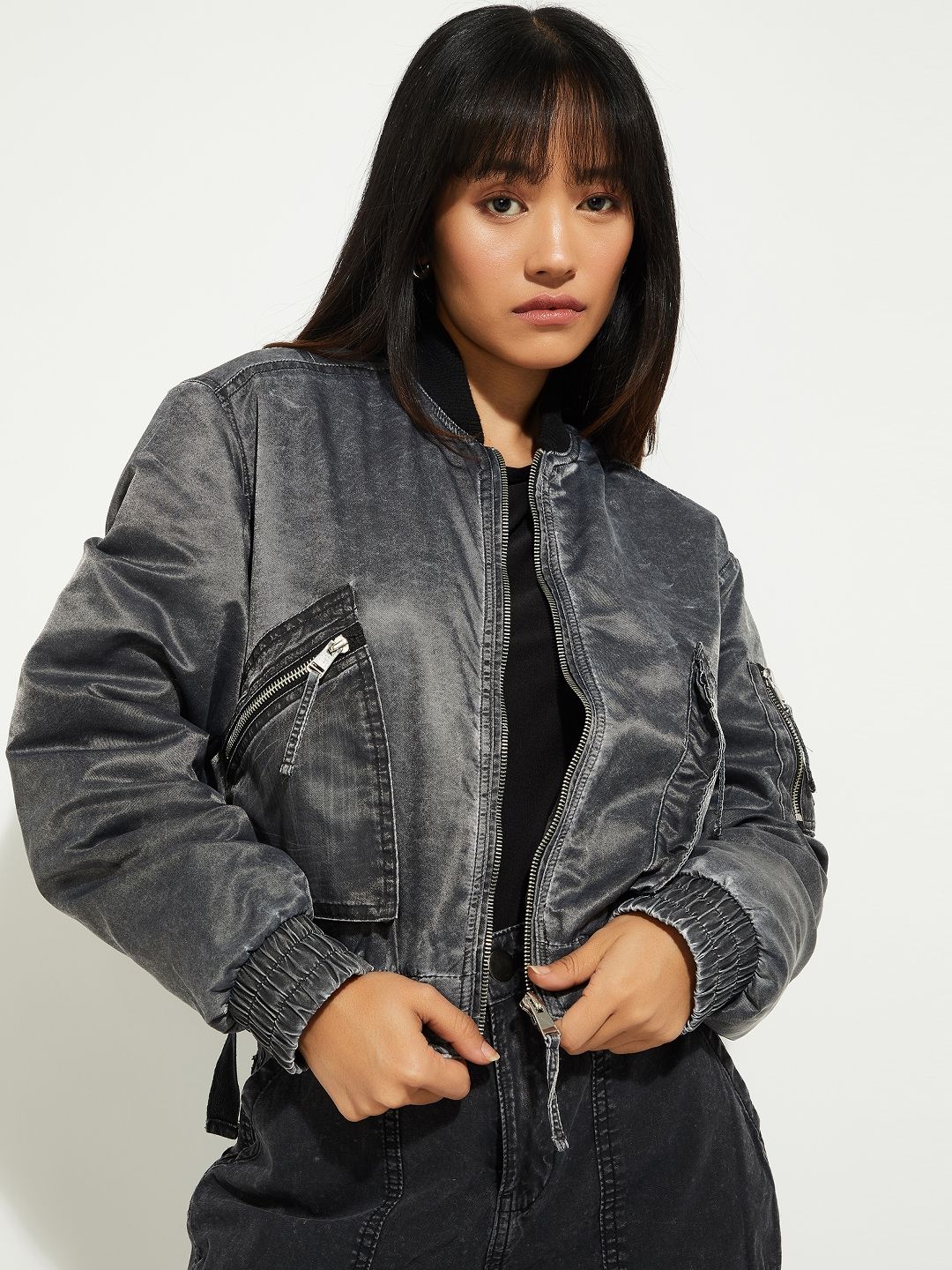 max Women Camouflage Polyester Crop Biker Jacket