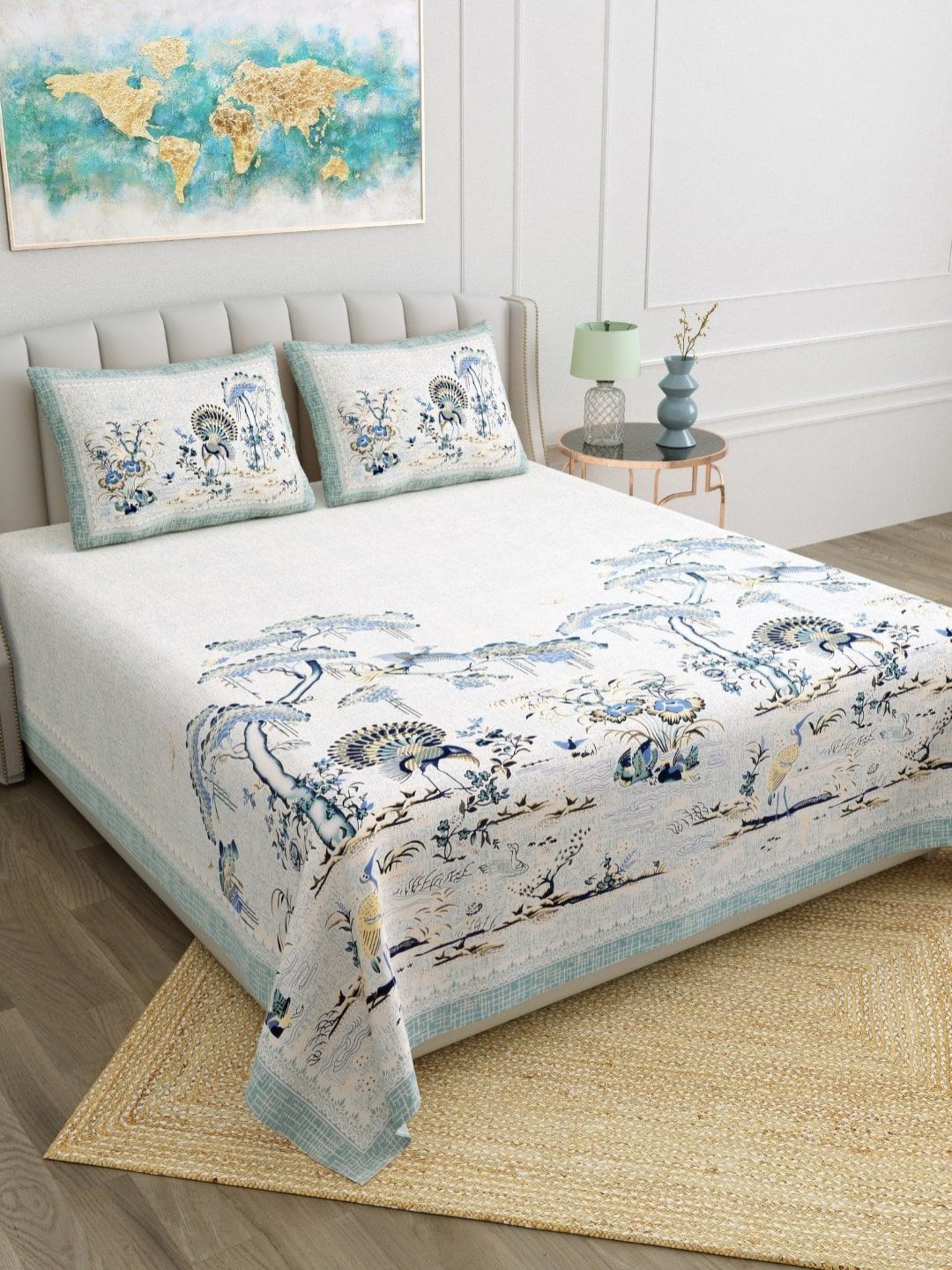 JAIPUR FABRIC White & Blue Floral 180 TC King Bedsheet with 2 Pillow Covers-image-23