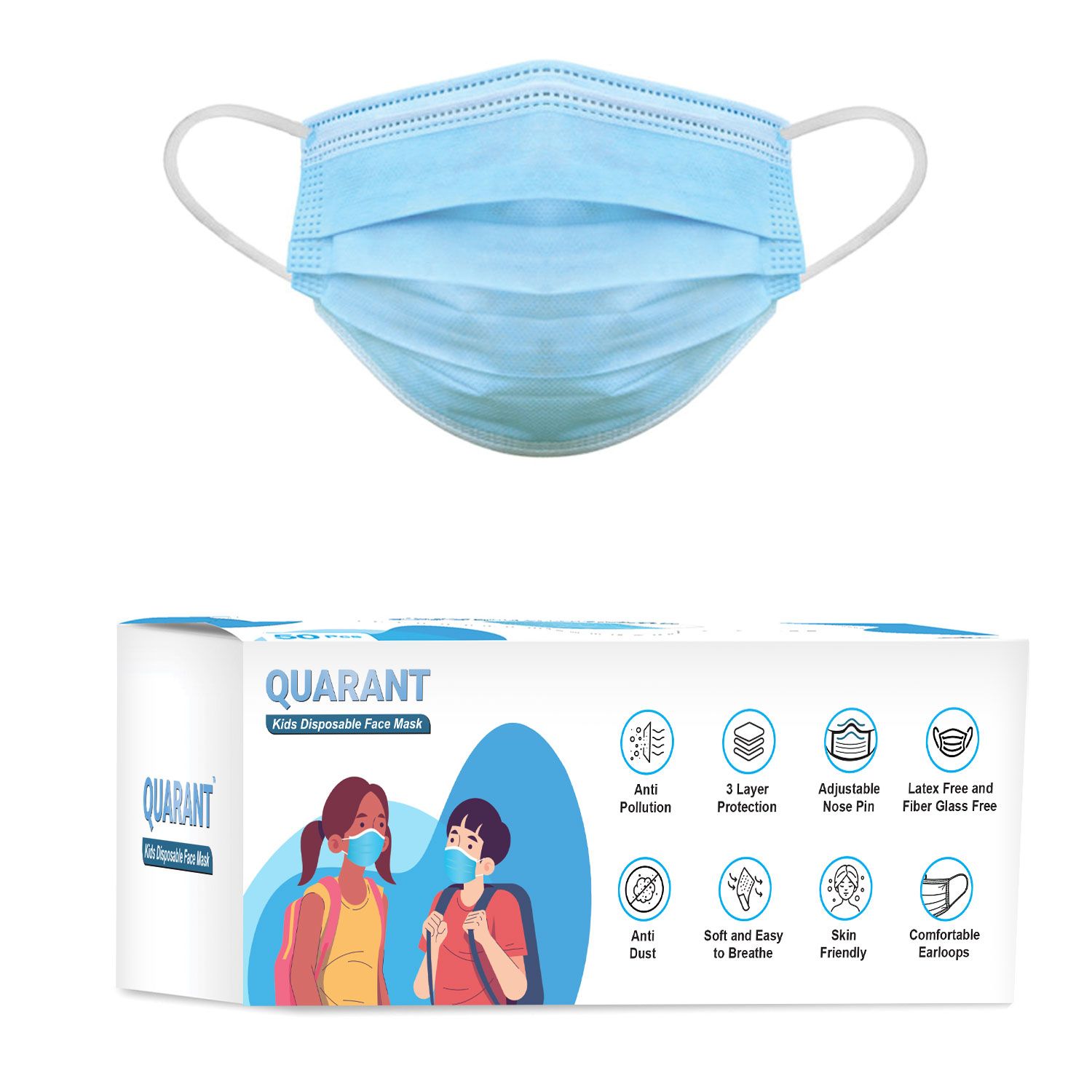QUARANT Kids Pack of 50 3-Ply Anti Pollution Face Masks