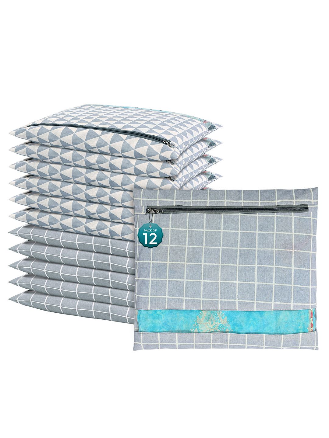 Kuber Industries Grey & White 12 Pieces Printed Cotton Saree Cover Organisers-picture-23