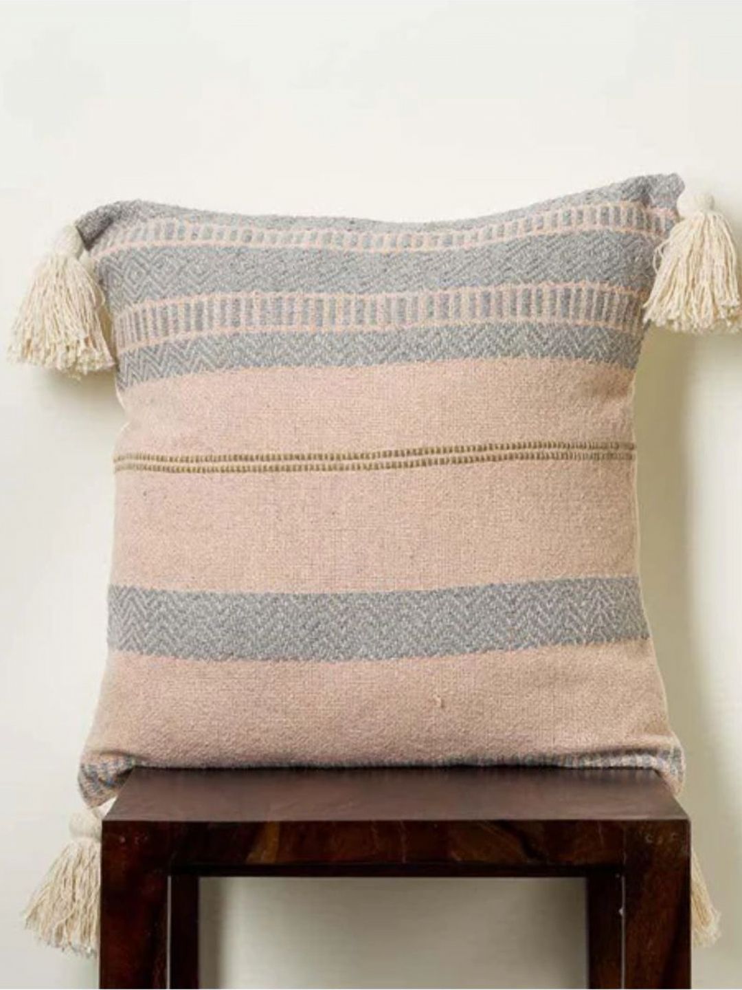 Aura Peach And Grey Striped Textured Square Cotton Cushion Covers-image-7