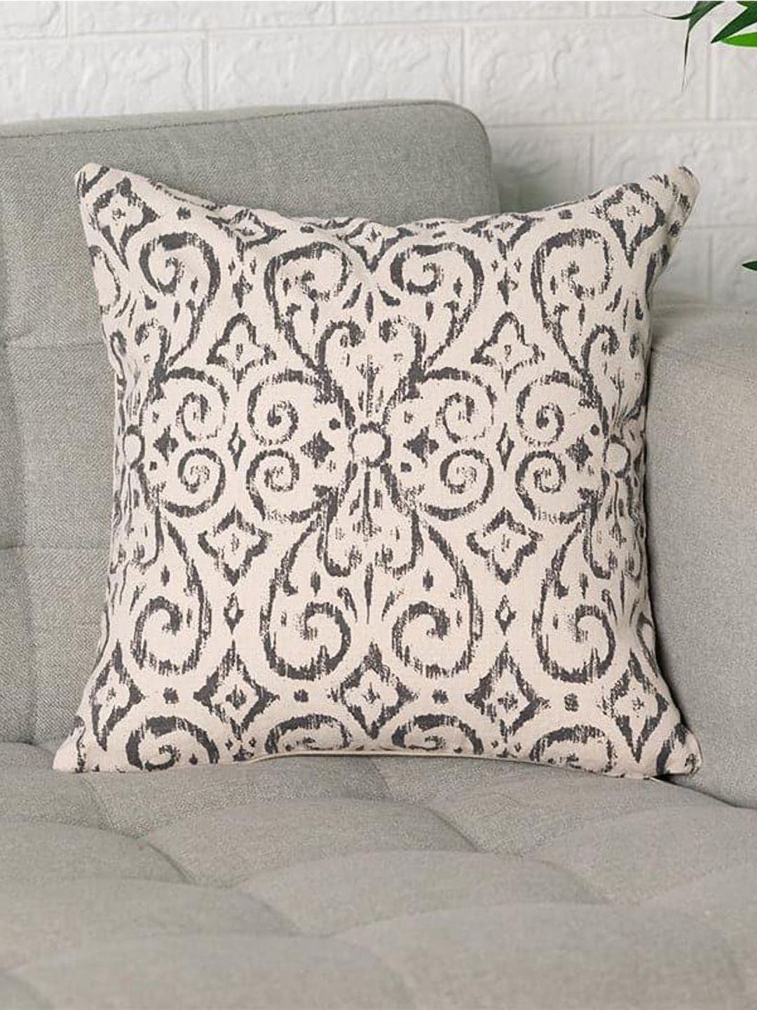 Aura Beige & Grey Floral Printed Cotton Square Shaped Cushion Covers-picture-9