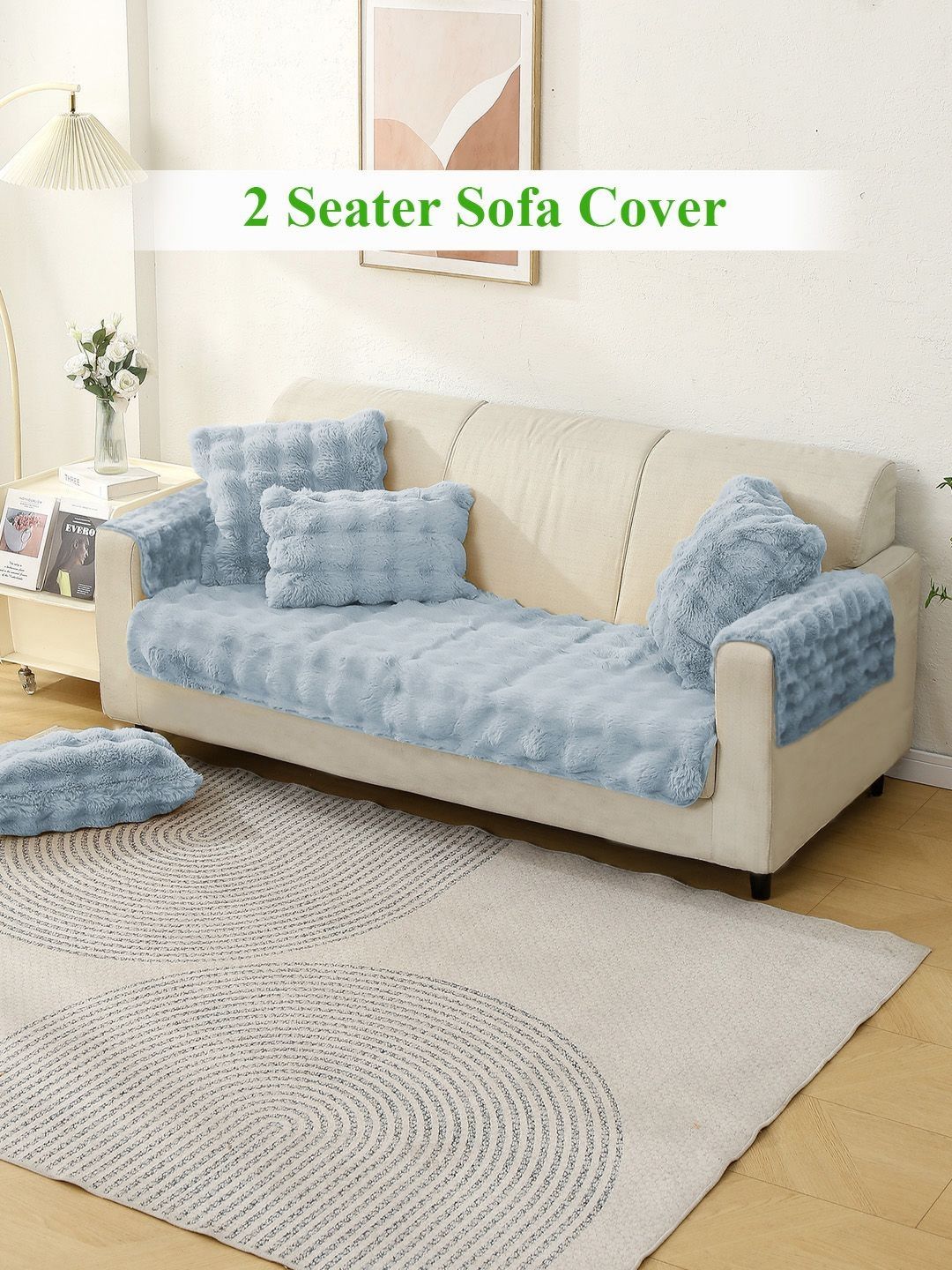 HOKIPO Blue 3 Pieces Self Design 2-Seater Sofa Covers With Arms-image-21