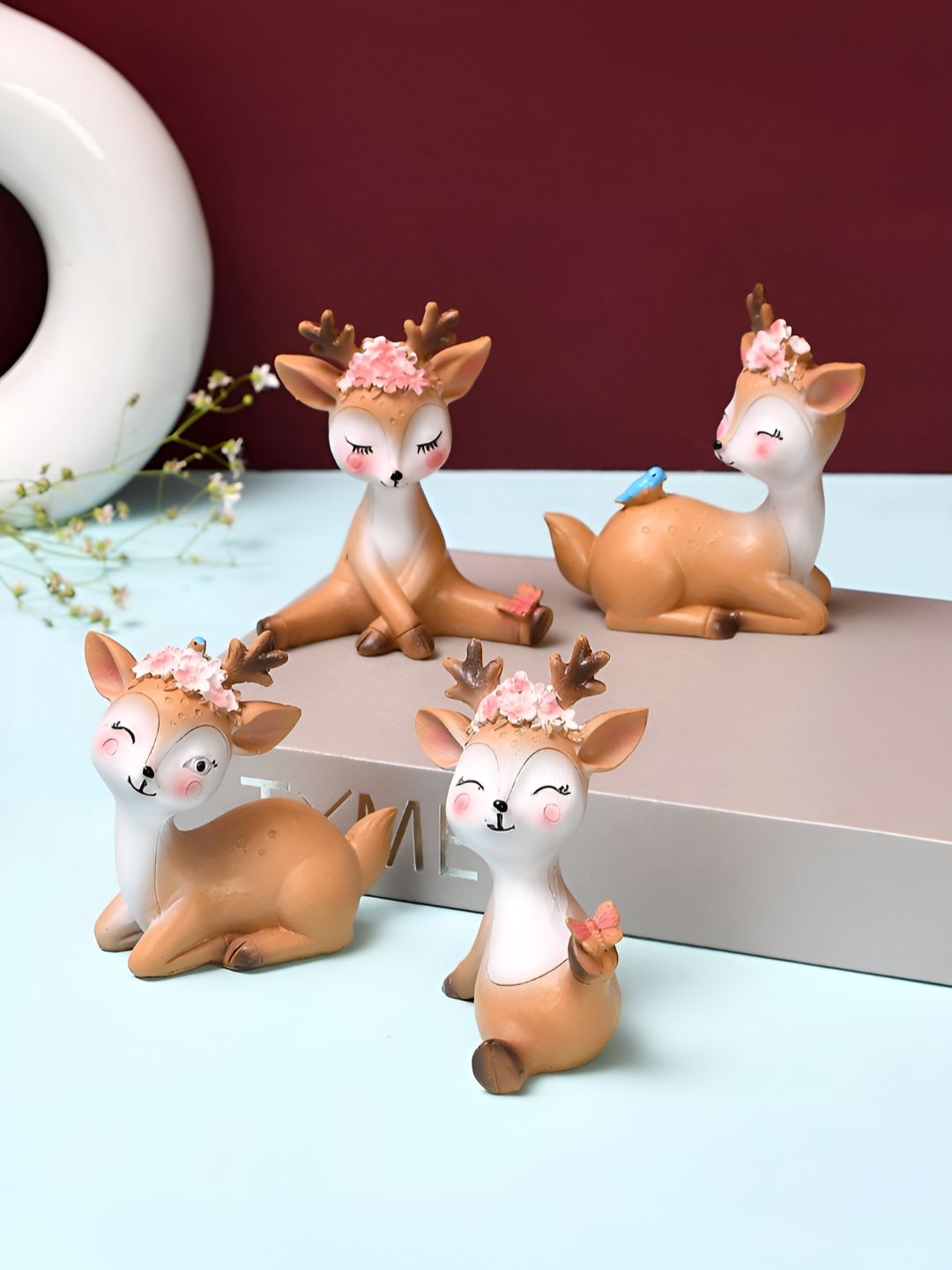 TAYHAA Brown & White 4 Pieces Deer Fairy Garden Miniature Figurine Showpiece-image-30