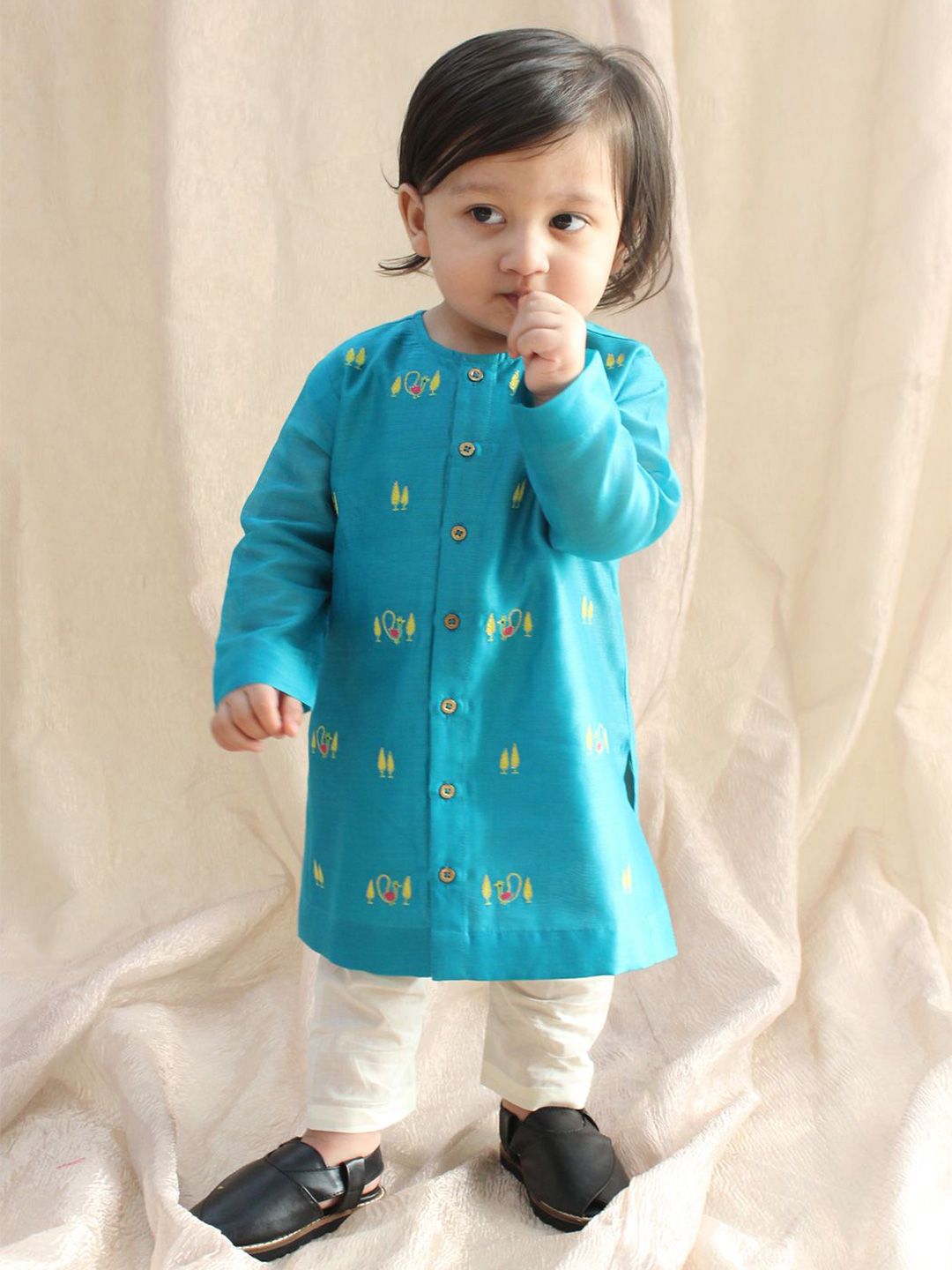 Tiber Taber Boys Ethnic Motifs Embroidered Thread Work Chanderi Silk Kurta With Trousers-picture-12